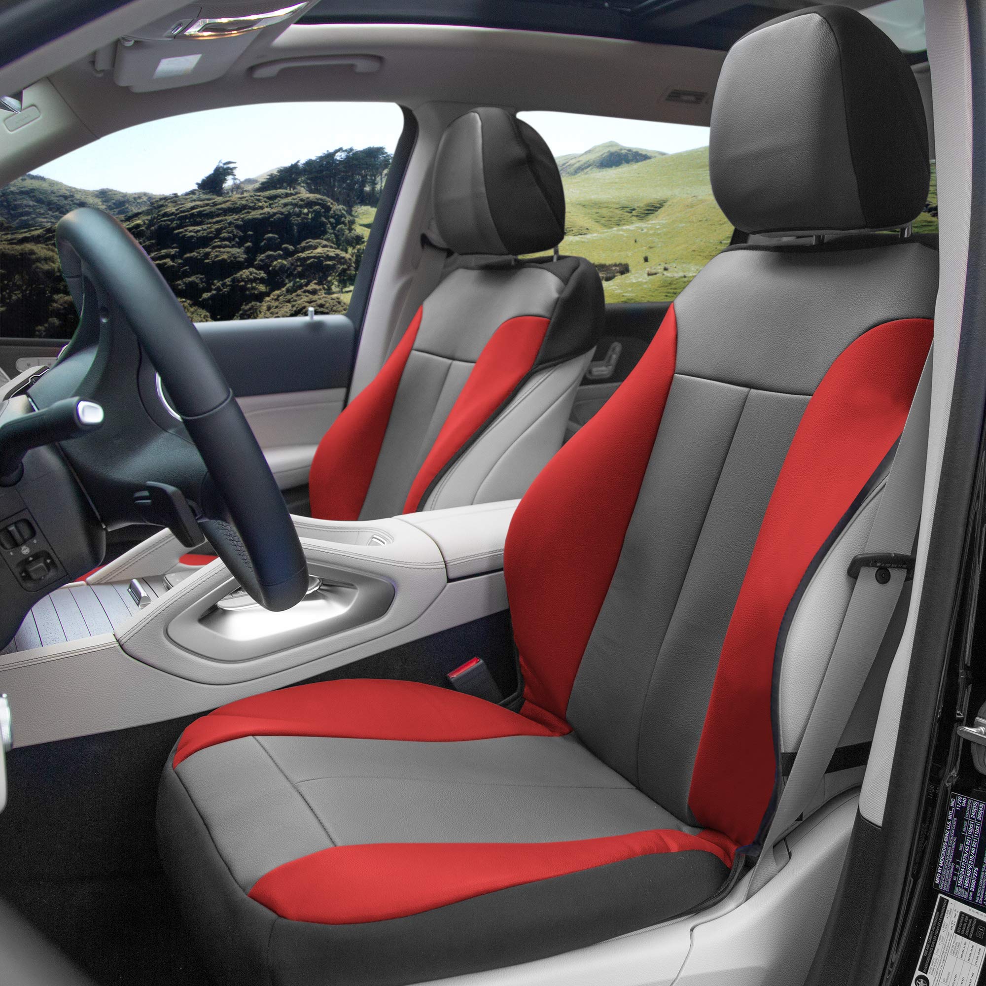 FH Group Universal Low Back Faux Leather Car Seat Covers - Gray/Red, Airbag Compatible, Removable Headrest for SUVs & Vehicles | Perfect for Commuting, Road Trips & Protecting Seats