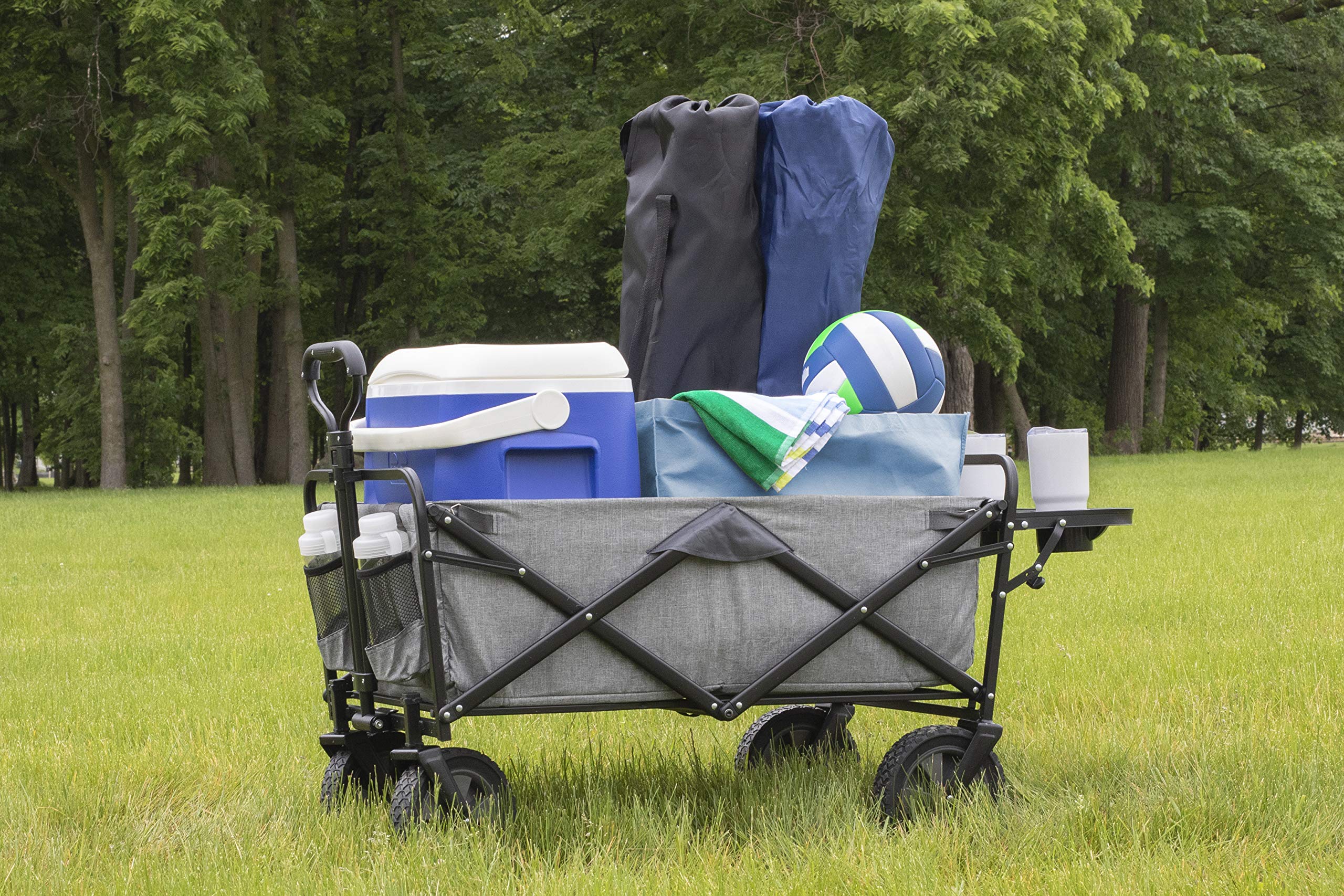 Mac Sports Collapsible Folding Outdoor Utility Wagon with Side Table - Light Grey Portable Cart for Beach, Camping, Picnic & Garden Use