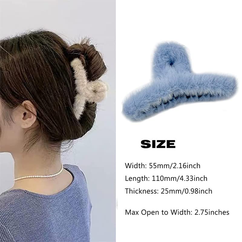 BELICIA Furry Hair Claw Clips for Thick Hair - 2PCS Cute Faux Rabbit Fur Non-Slip Large Barrettes for Women & Girls - Perfect for Ponytails, Buns & Everyday Hairstyles