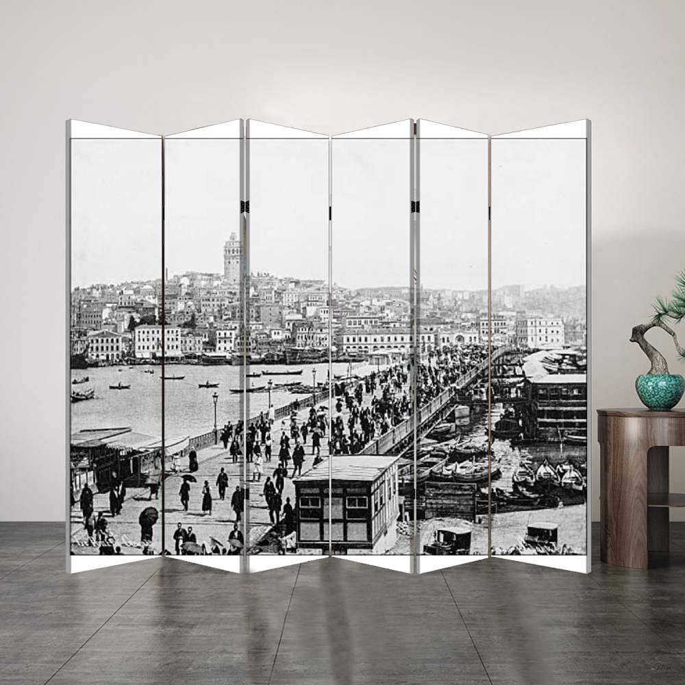 6 Panel Office Folding Screen - Antique Istanbul & Bosphorus Bridge Canvas Print - 19th Century Turkish Decor - Privacy Room Divider for Home, Office & Bathroom - Perfect for Workspace Separation & Vintage Home Decor