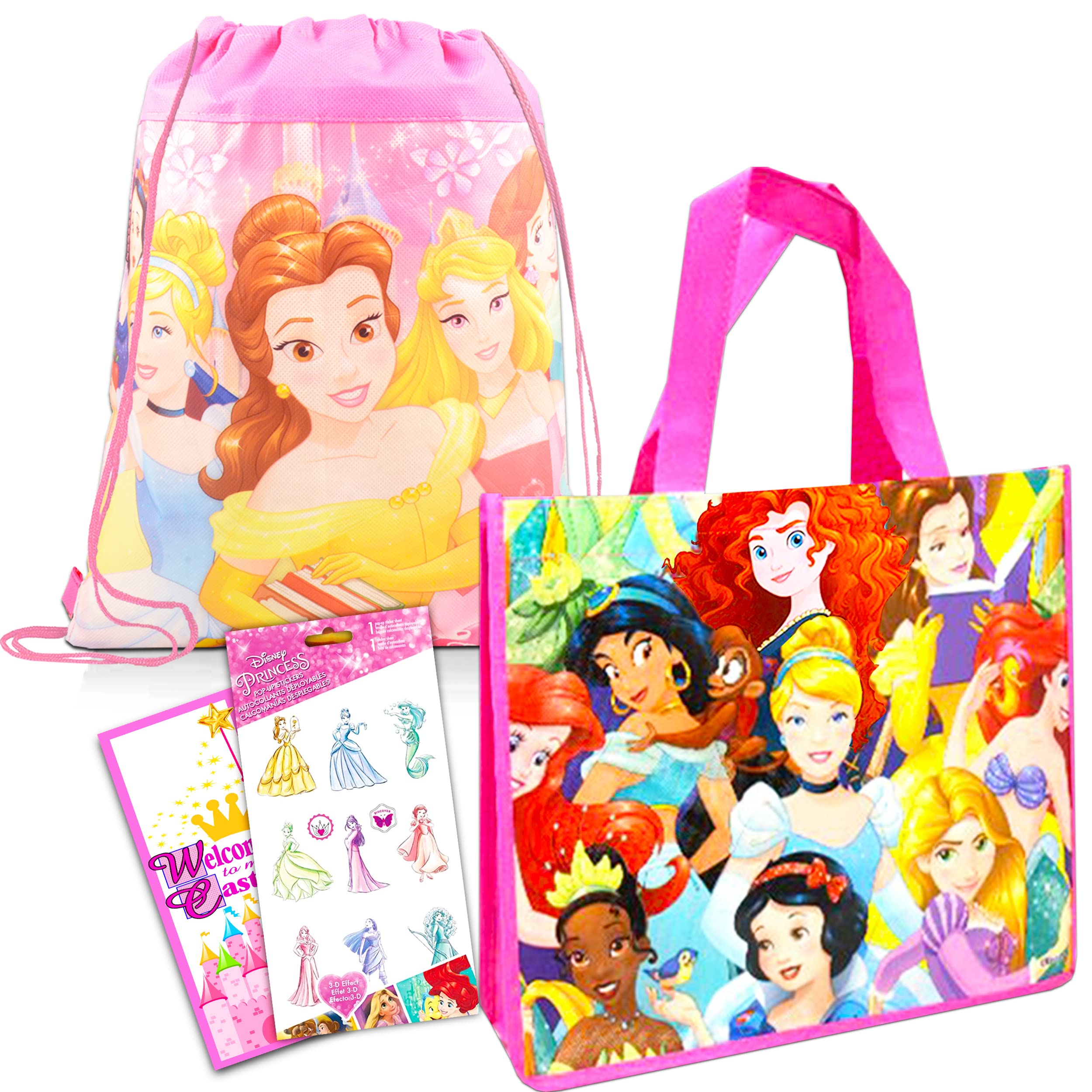 Disney Princess Tote Bags Bundle - 2 Pack Reusable Shopping Tote & Drawstring Bag Set for Women & Kids | Cute Disney Princess Gift for School, Beach & Grocery Shopping | Frozen, Moana, Belle & More