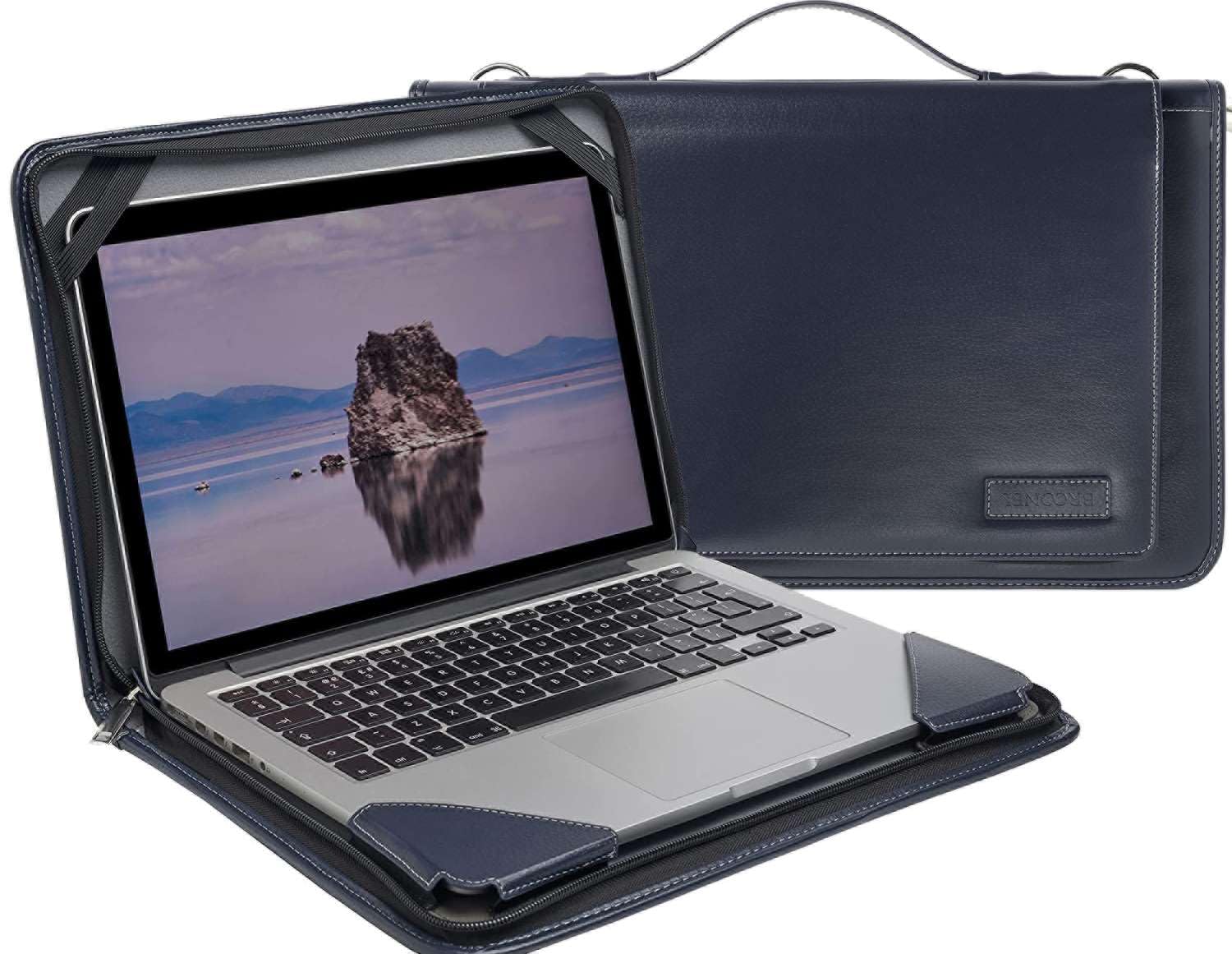 Broonel Blue Leather Laptop Messenger Bag for ASUS Vivobook 14X OLED (X1403) 14 Inch - Premium Business Briefcase for Work, Travel & College | Durable & Stylish Laptop Case
