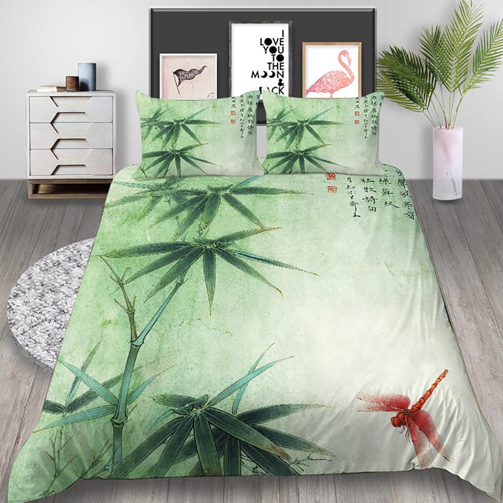 Elegant Chinese Calligraphy Dragonfly Bamboo Queen Comforter Set - 3 Piece Duvet Cover with Pillowcases for Adult Girls, King/Twin/Full Size Poetic Home Textile | Perfect for Asian-Themed Bedrooms, Zen Decor & Luxury Master Suites