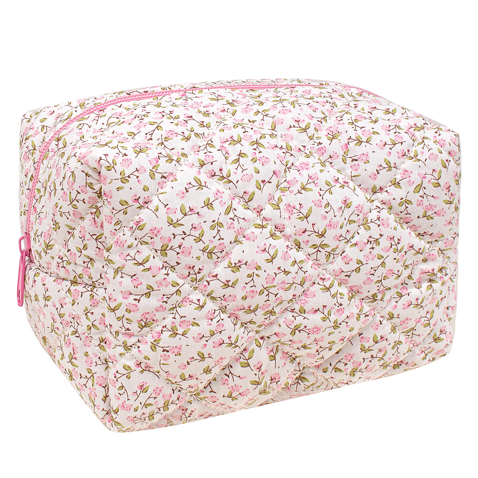 KOTORA Floral Quilted Makeup Bag - Puffy Coquette Cosmetic Pouch, Aesthetic Cute Pink Travel Toiletry Organizer for Women | Perfect for Brushes, Cosmetics & Travel Essentials (Pink)