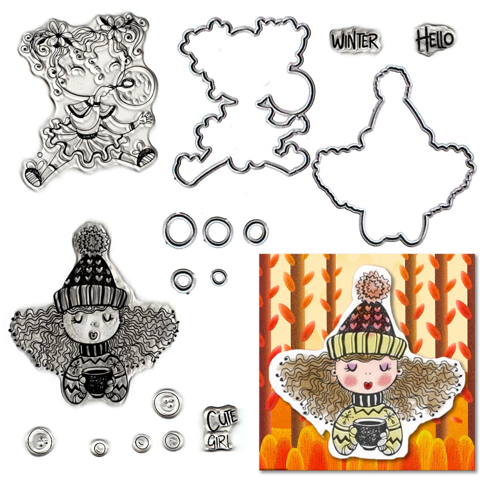 ALIBBON 2Pcs Cute Girls Stamps and Dies Set for Card Making - Hello Winter Bubble Words Transparent Silicone Rubber Stamps with Metal Cutting Dies - Perfect for DIY Scrapbooking, Photo Album Decorations, and Winter-Themed Craft Projects