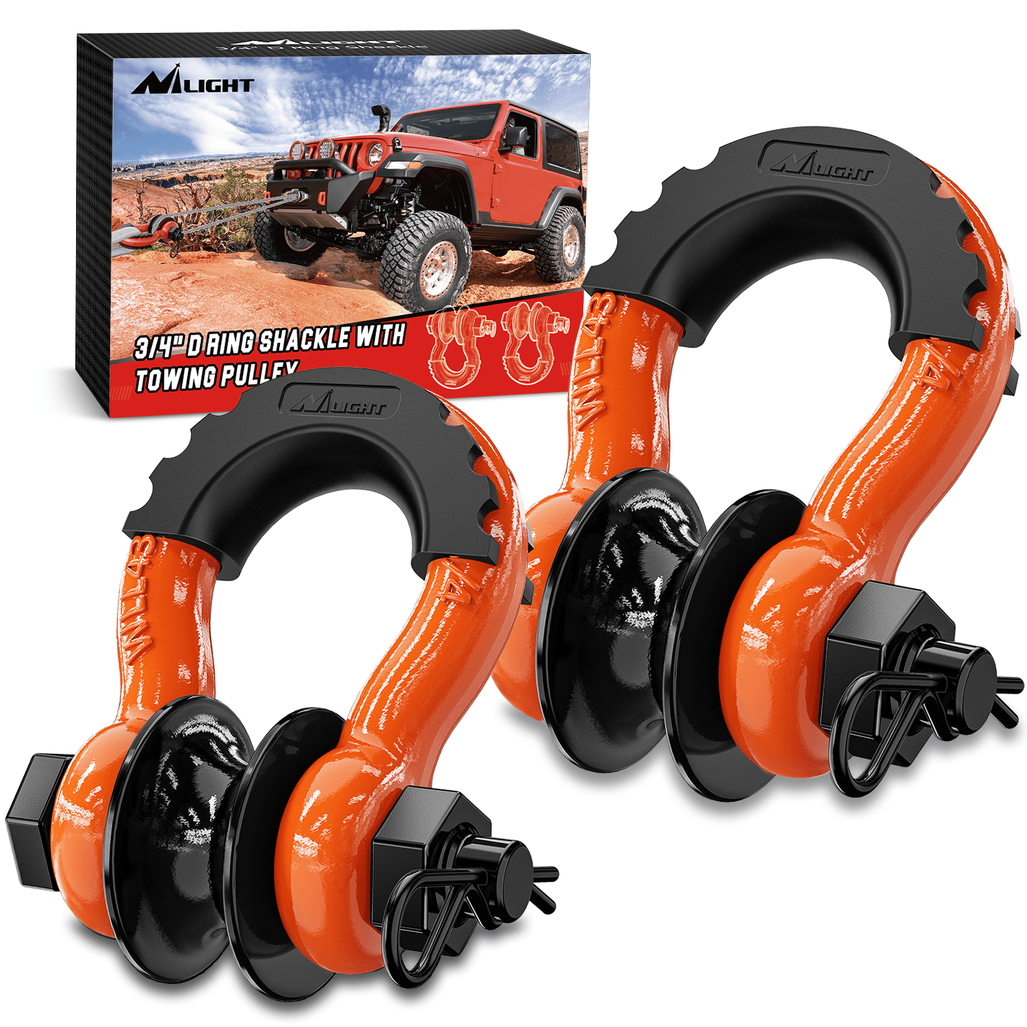 3/4 Inch D Ring Shackle with Towing Pulley - Heavy Duty Orange Recovery Shackles (2 Pack) - Perfect for Off-Road Recovery, Towing, and Vehicle Emergency Kits