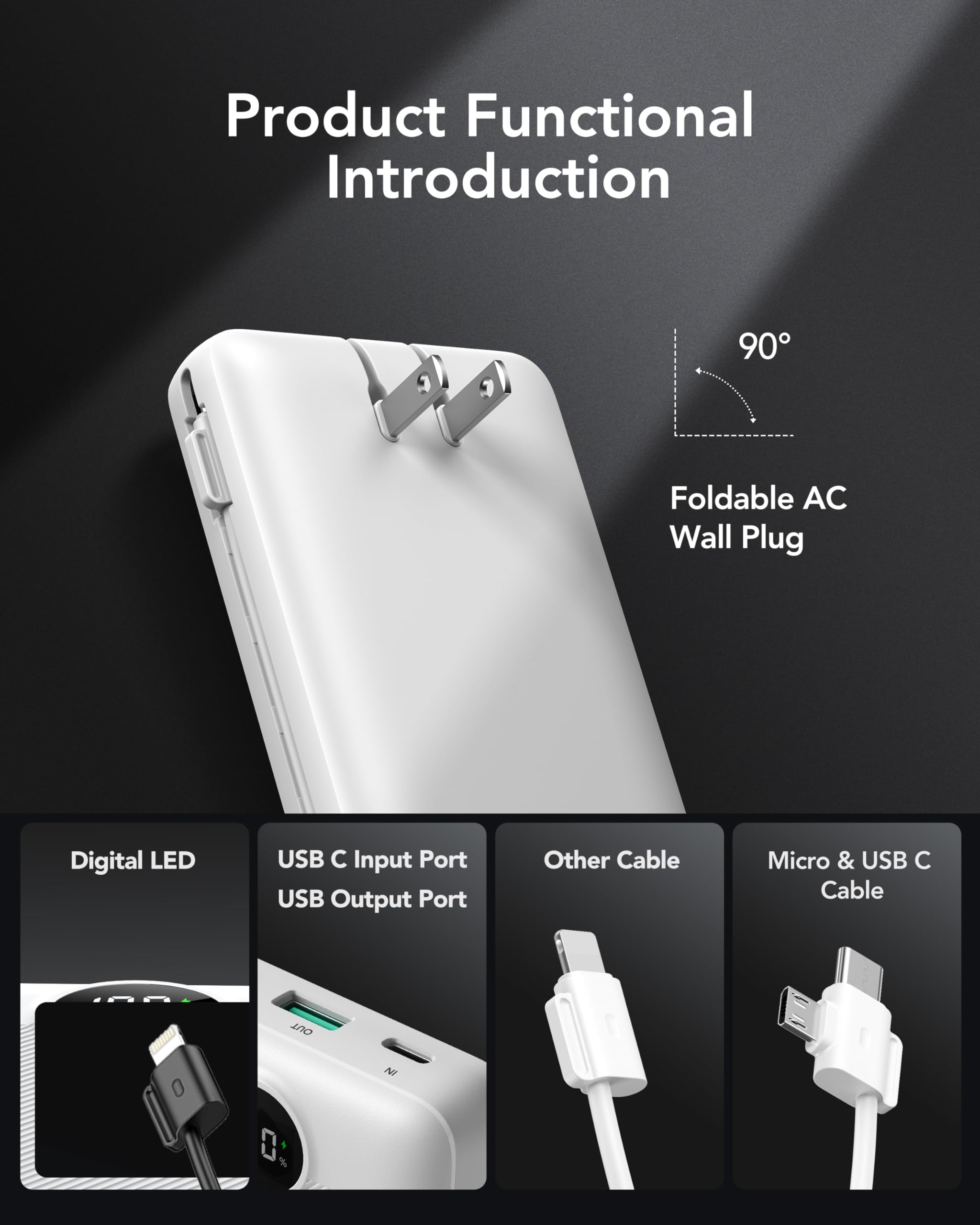 VRURC 20000mAh Power Bank with Fast Charging, USB C Portable Charger - 4 Outputs & 2 Inputs, Built-in Wall Plug & Cables, LED Display - Perfect for Travel, Camping, and Emergency Phone Charging (White)