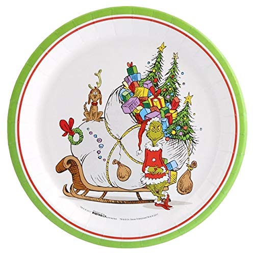 Dr. Seuss Grinch Christmas Party Dinner Plates Set for 16 Guests - 16 Dinner Plates & 16 Dessert Plates with Bonus Button - Perfect for Holiday Gatherings, Themed Parties & Festive Celebrations