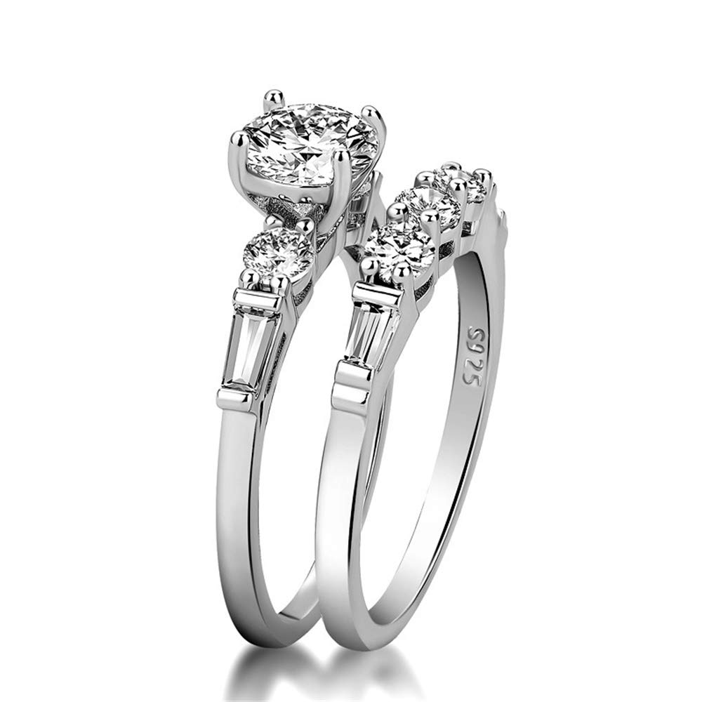 925 Sterling Silver Cubic Zirconia Ring Set - 2PC Shiny CZ Three Stone Eternity Band for Women | Wedding, Engagement, Anniversary Gift Jewelry | Perfect for Bridal Party, Date Night & Special Occasions