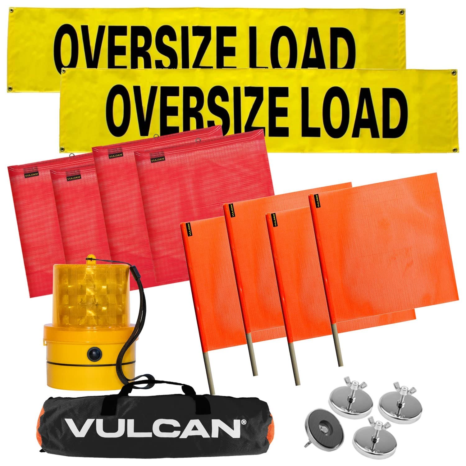 VULCAN Pilot Car Kit with 2 Oversized Load Banners, LED Emergency Beacon, 8 Magnets & Safety Flags - DOT Compliant for Oversize Load Escort Vehicles, Truck Pilot Cars & Wide Load Transport Safety