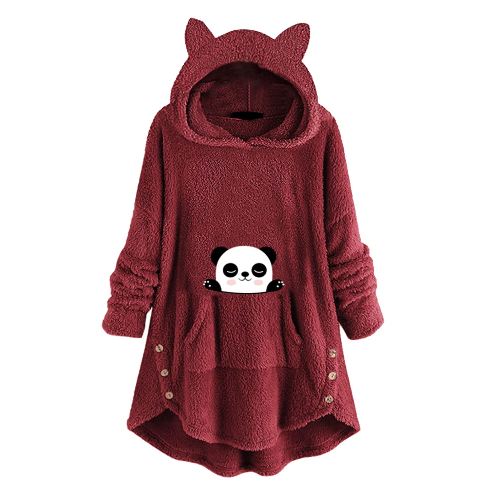 Cute Cat Print Women's Fleece Pullover Hoodie with Pockets, Button Sleeves & Ears - Cozy Long Hooded Sweatshirt for Casual Wear, Lounge & Winter Outfits