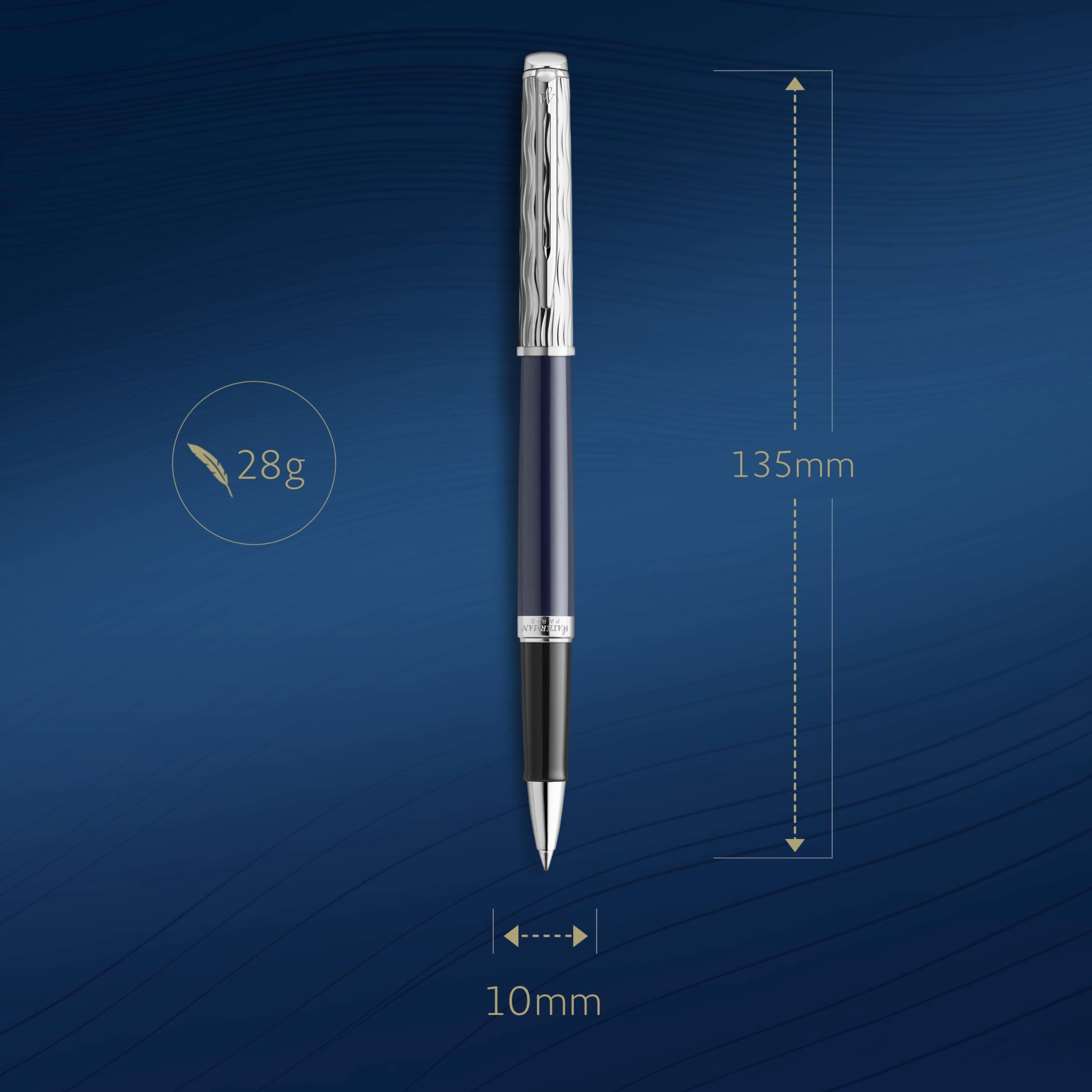 Waterman Hémisphère Rollerball Pen - Premium Metal Blue Lacquer Fountain Pen with Chiselled Cap & Black Ink Refill (Gift Box Included) - Perfect for Business Gifts, Office Use & Luxury Writing