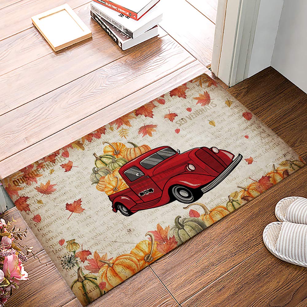 Autumn Fall Leaves Welcome Doormat - Non-Slip Front Door Mat with Pumpkin & Red Truck Design for Women, Soft Low Profile Indoor Entrance Rug (20