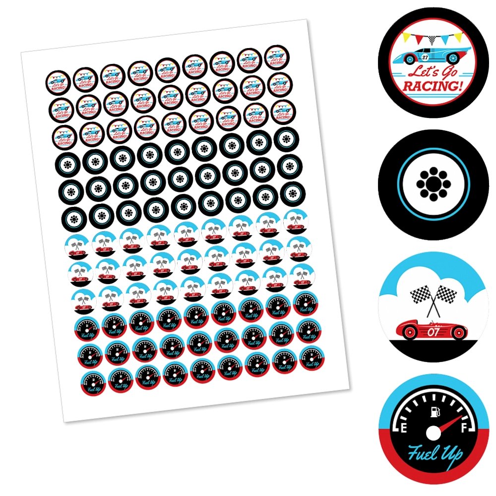 Big Dot of Happiness Let's Go Racing Round Candy Stickers - 108-Piece Sheet for Chocolate Candy Favors | Perfect for Baby Showers & Race Car Birthday Parties | Fun Party Decorations & Sweet Treat Labels