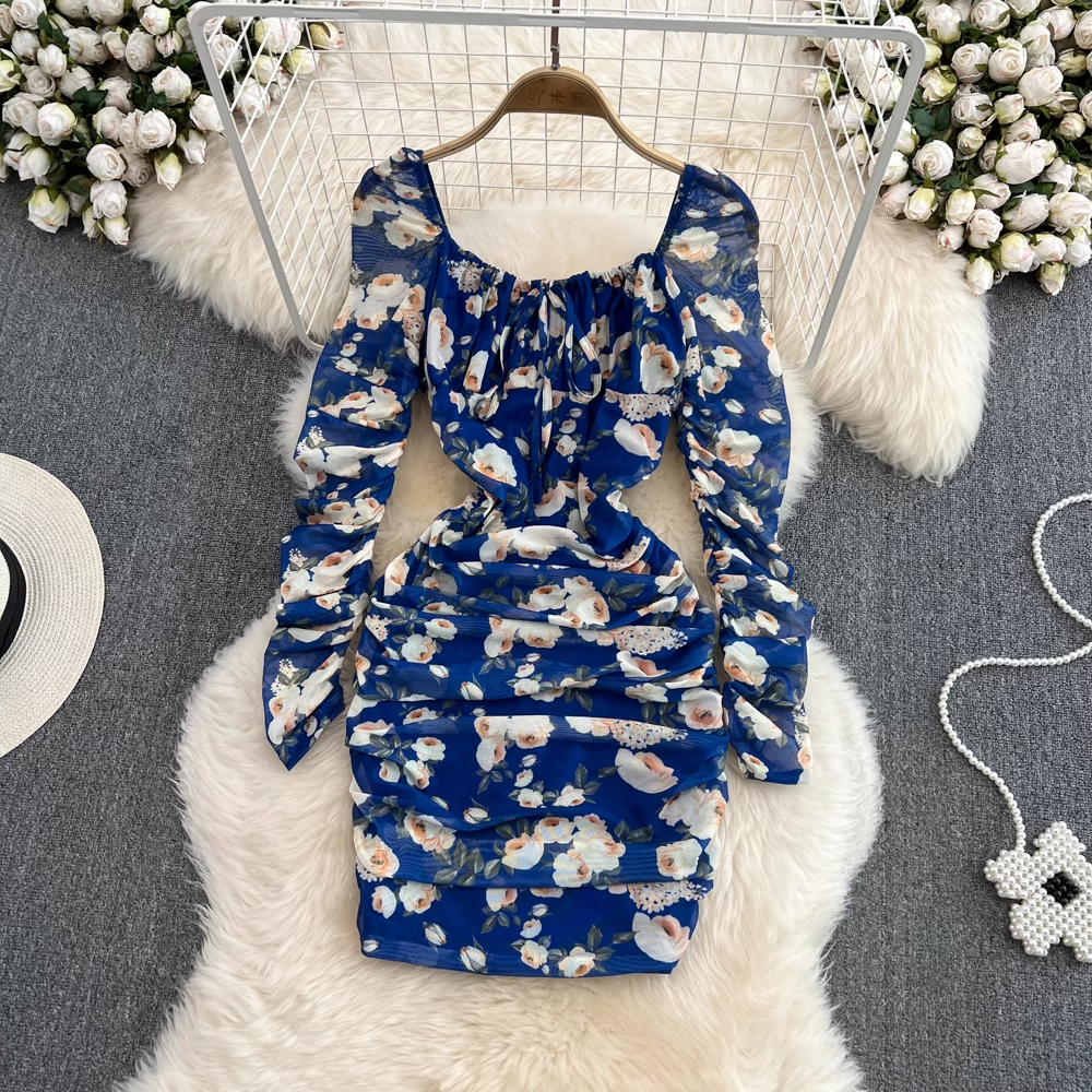 Korean Style Square Collar Long Sleeve Floral Chiffon Short Dress for Women | Autumn Fashion | Perfect for Date Night, Office Wear & Fall Weddings