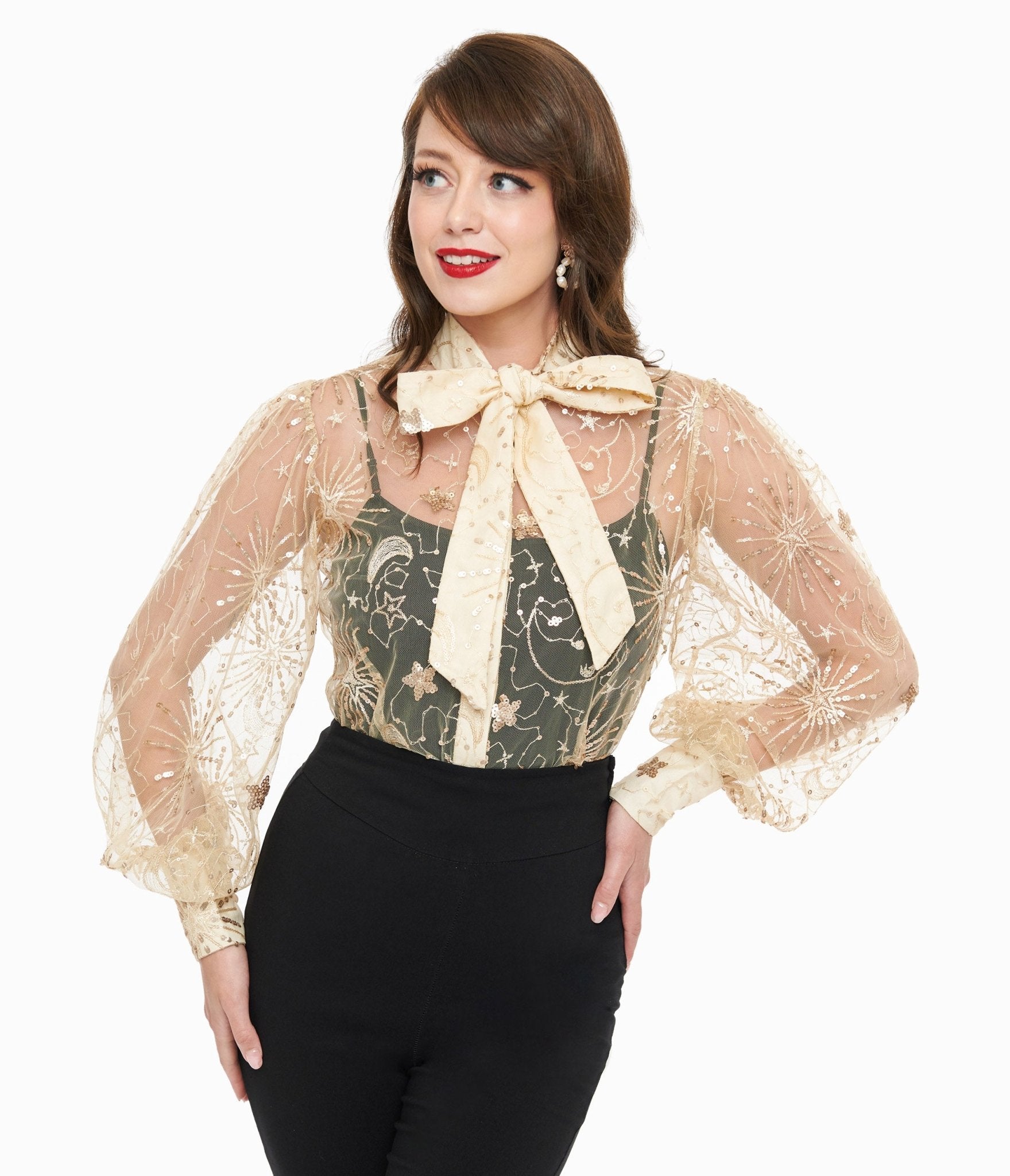 Vintage Champagne Celestial Sequin Sheer Blouse for Women - Elegant Party Top for Evening Events, Date Nights & Special Occasions