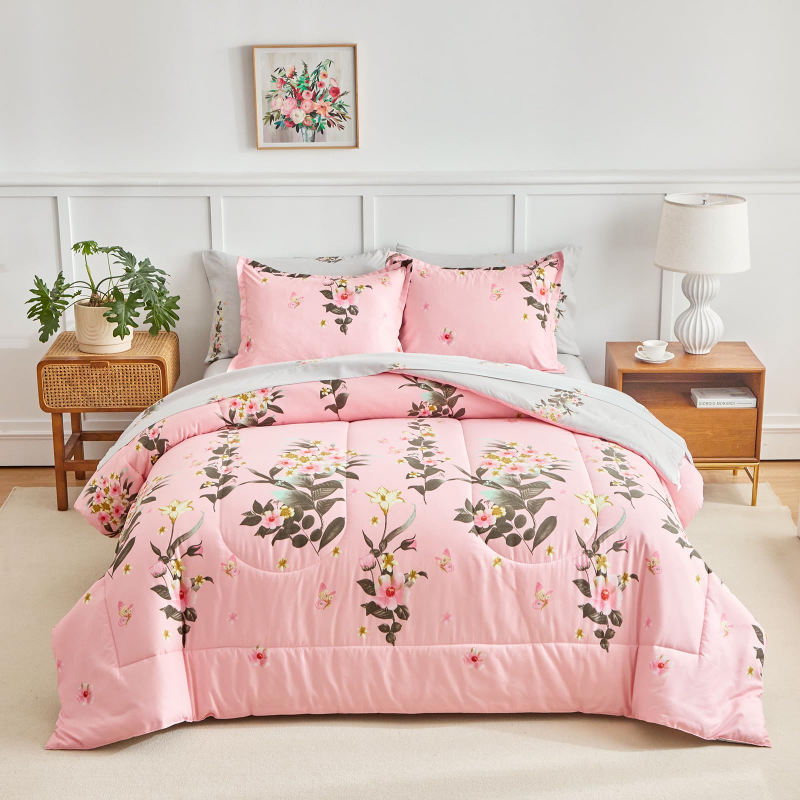 AIKASY 7-Piece Pink Queen Comforter Set with Sheets - Palm Tree Totem Print, Ultra Soft Down Alternative All Season Bedding | Perfect for Master Bedroom, Guest Room & Vacation Home Decor (Queen Size, Pink)