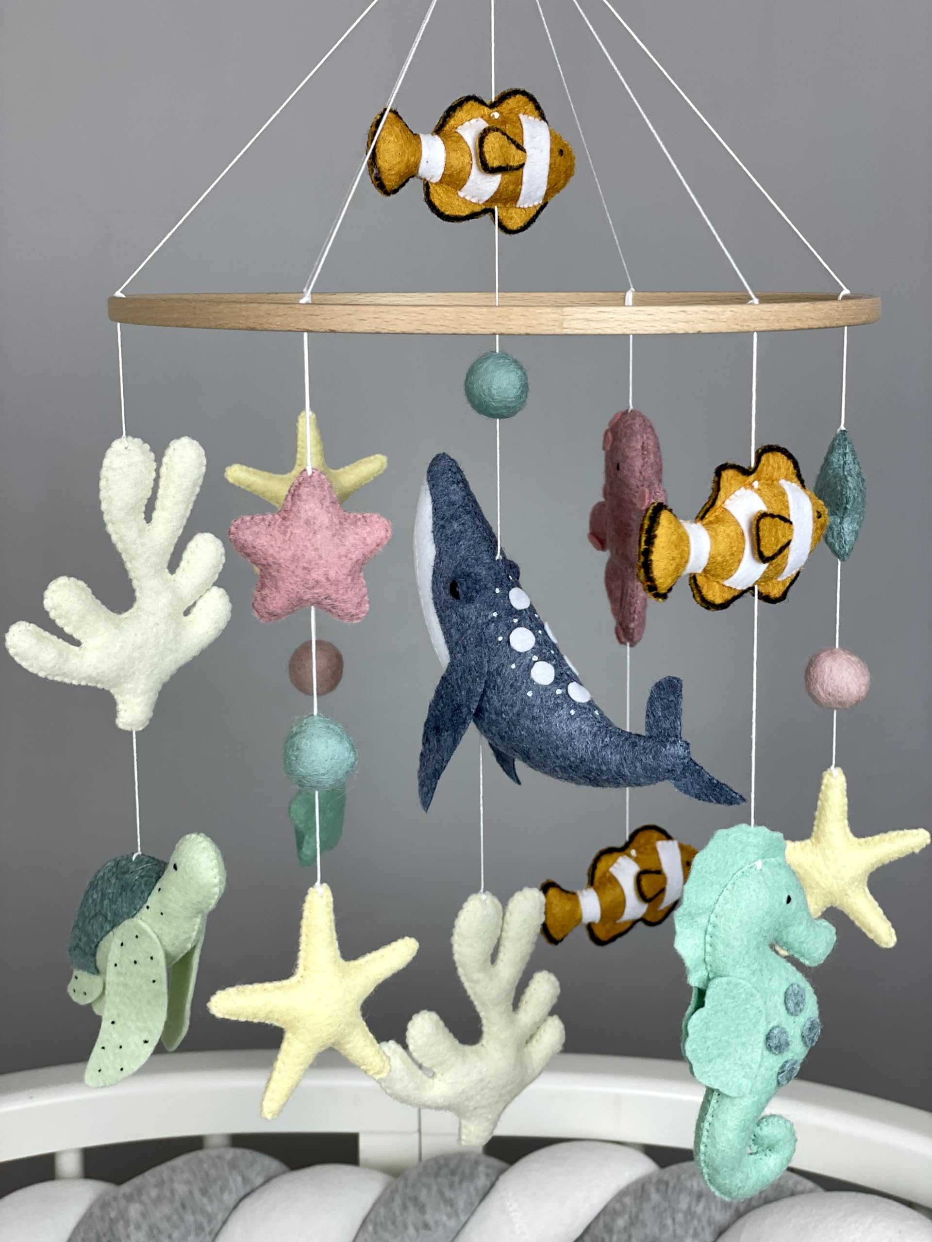 Ocean Themed Baby Crib Mobile - Handmade Felt Sea Animals Nursery Decor | Underwater Adventure Mobile for Newborns | Perfect Neutral Nautical Nursery Decor & Baby Shower Gift (Blue/White) - Ideal for Coastal, Beach or Ocean Inspired Nurseries