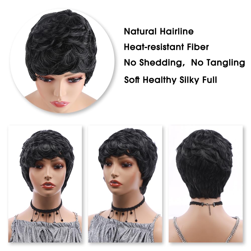 Short Pixie Wigs for Women - Black & Gray Synthetic Curly Hair Wig | Fashionable Full Wig Replacement for Everyday Wear & Cosplay | Perfect for Parties, Halloween & Costume Events