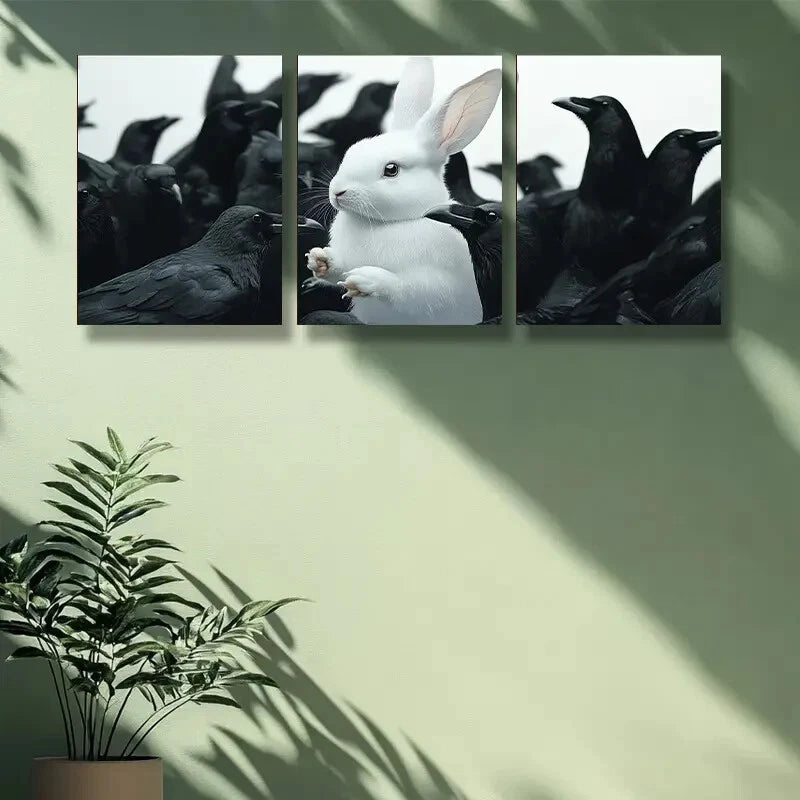 3-Piece White Rabbit & Crow Animal Art Metal Prints - Ready to Hang Wall Decor for Living Room, Bedroom & Office