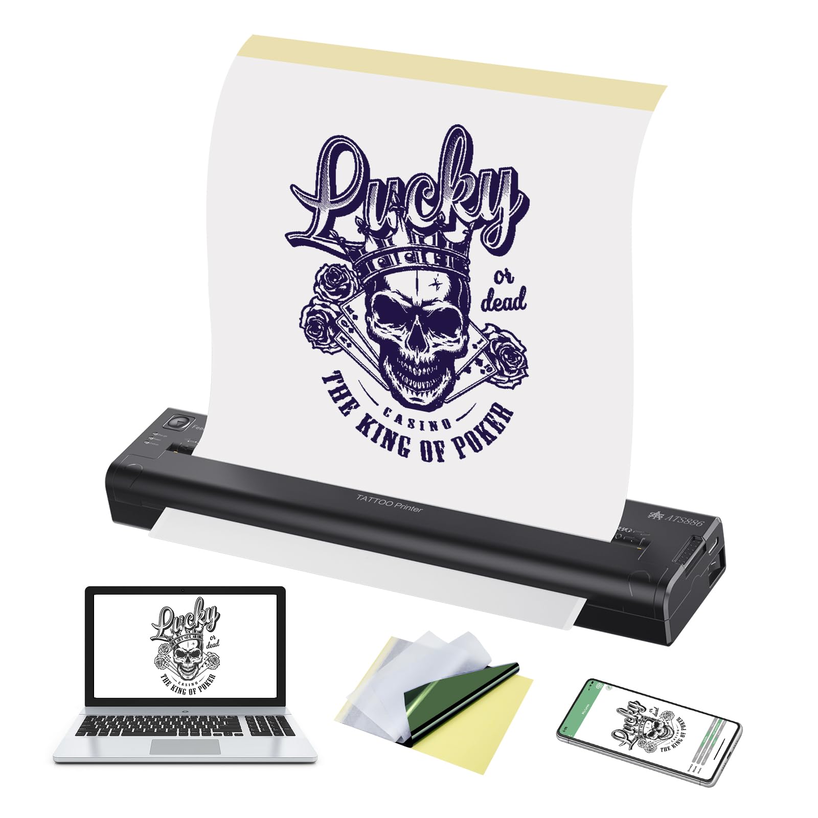 TATELF Wireless Bluetooth Thermocopier Tattoo Machine - Portable Tattoo Transfer Printer with 15 A4 Thermal Papers, Compatible with iOS, Android & PC - Perfect for Tattoo Artists, Studios & DIY Enthusiasts