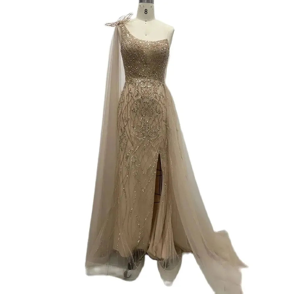 Elegant Nude Arabic Evening Dress with Side Train & One Shoulder Mermaid Style for Women's Formal Prom, Wedding & Party Gowns - Perfect for Red Carpet Events, Galas & Special Occasions 2025 LA72442