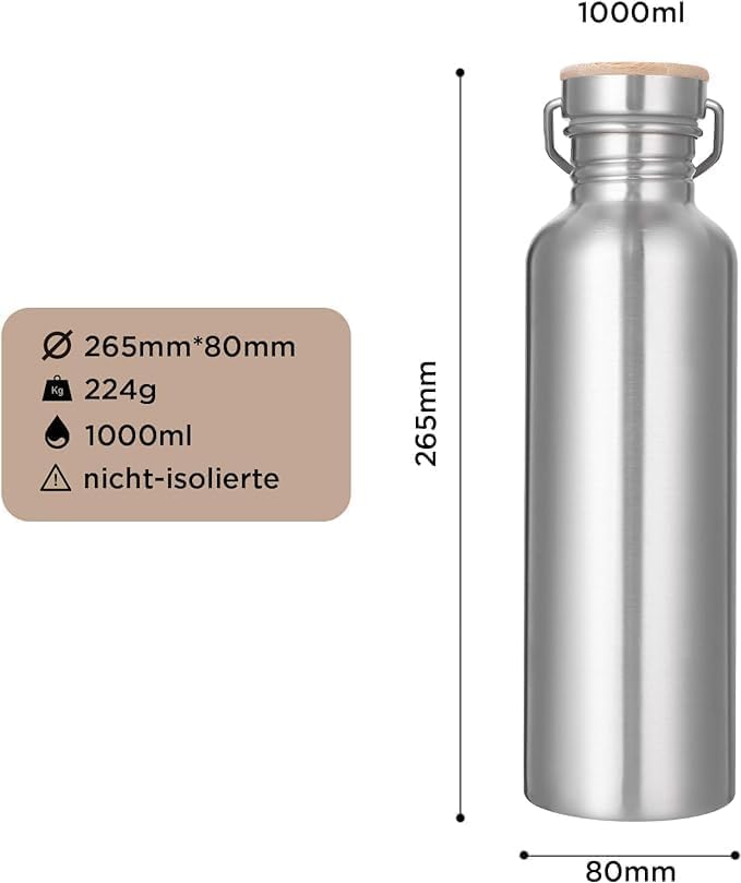 Stainless Steel Water Bottle with Bamboo Cap - 1000ml for Cycling, Running & Hiking