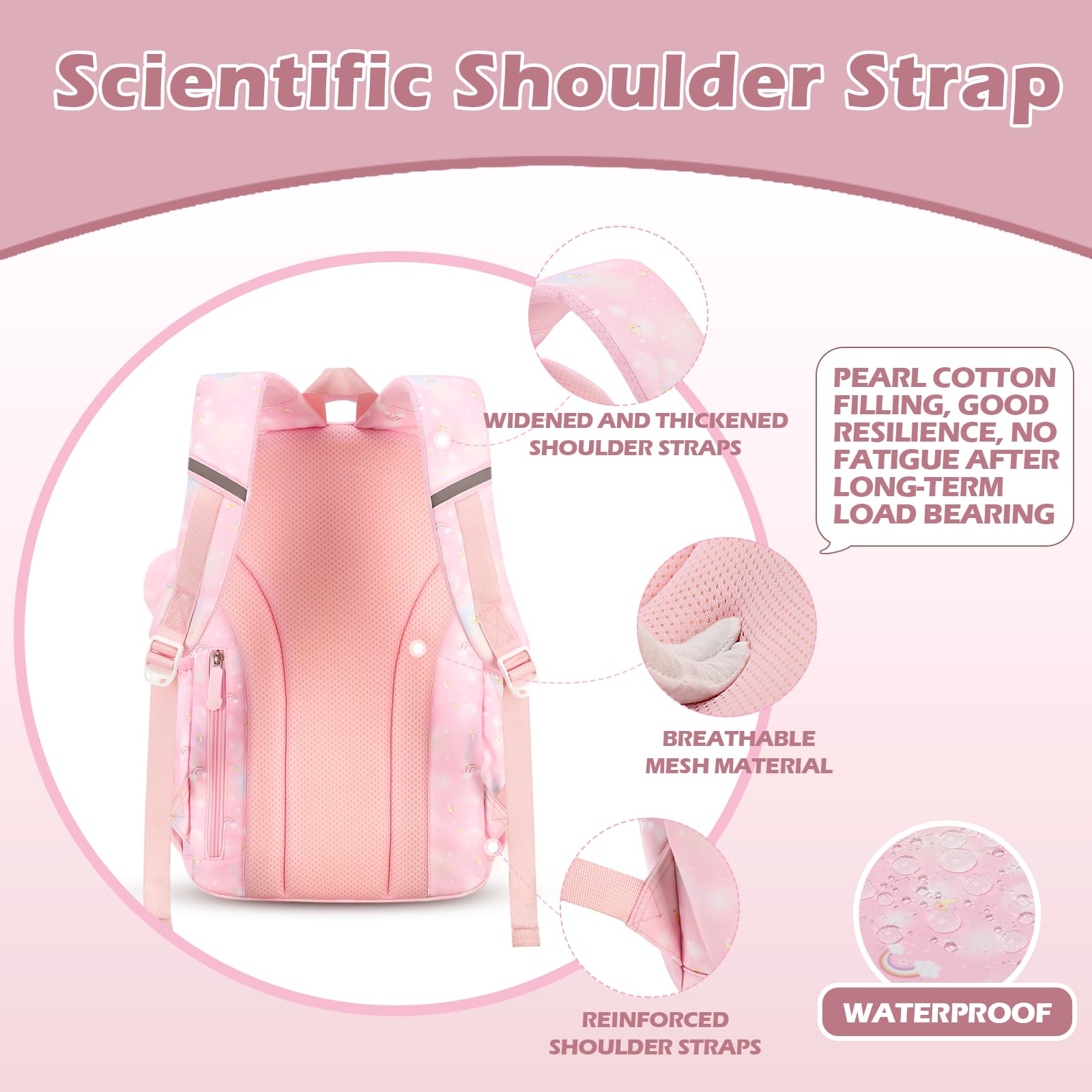 Stylish 15.6 Inch Waterproof School Backpack for Girls Ages 6-12 - Large Capacity Pink Kids Backpack for School, Travel & Daily Use