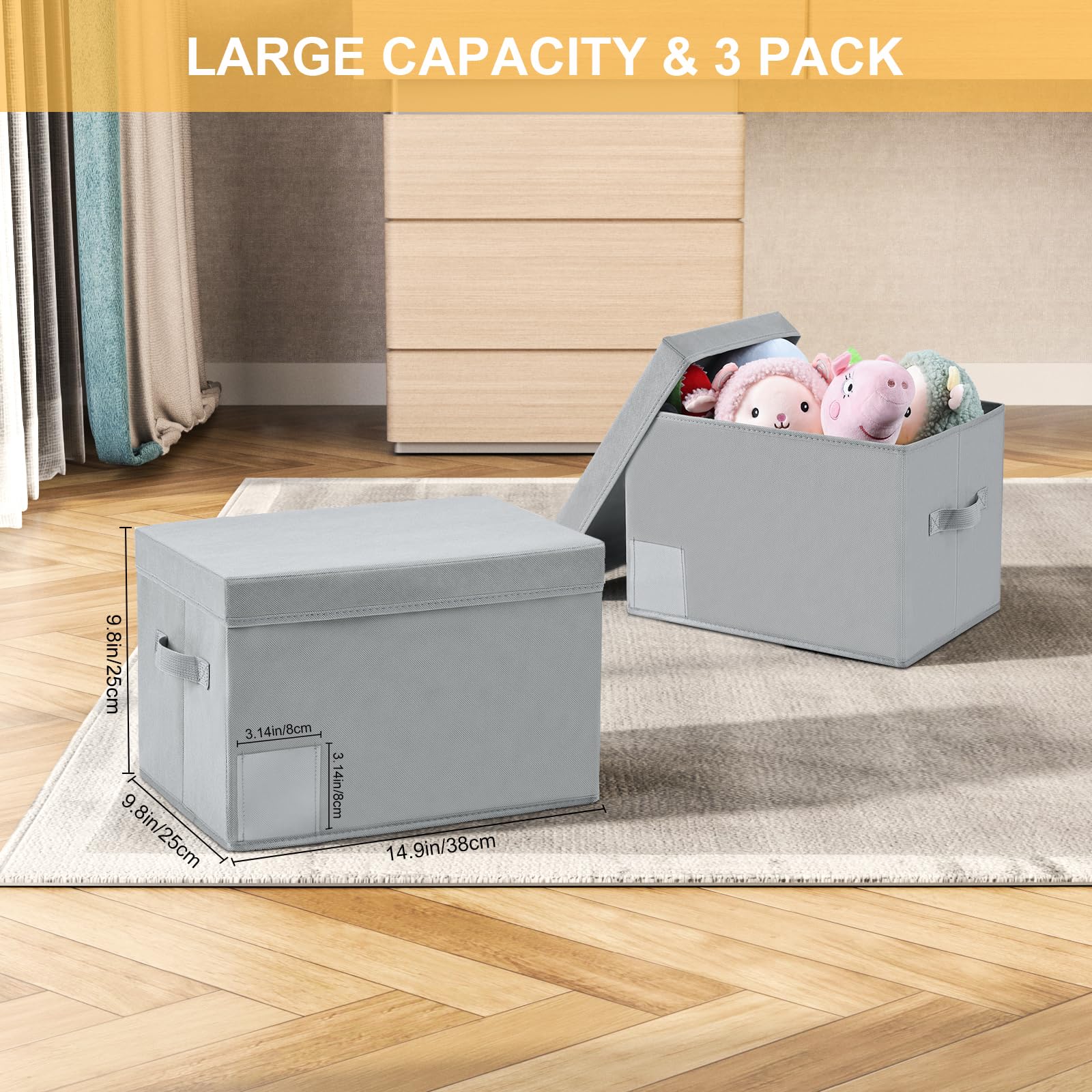 Linen Closet Organizers and Storage Bins - 3 Pack Foldable Fabric Storage Boxes with Labels for Bedroom, Bathroom & Nursery Organization - Grey Decorative Cloth Bins for Shelves, Wardrobes and Home Decor