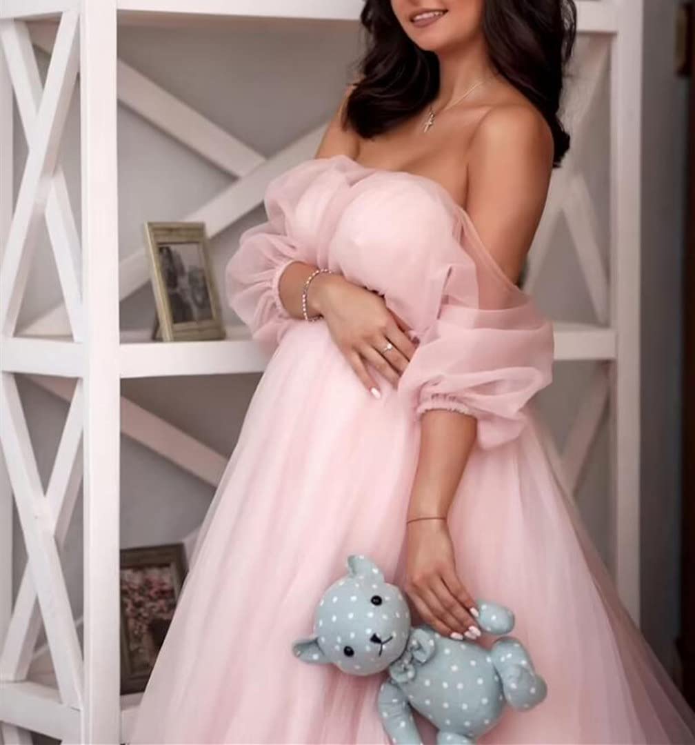 Maternity Tulle Bathrobe for Photoshoot - Off Shoulder Sweetheart Dressing Gown for Pregnancy, Birthday & Bridal Shower - Soft Loungewear for Moms-to-Be, Photo Sessions & Special Occasions