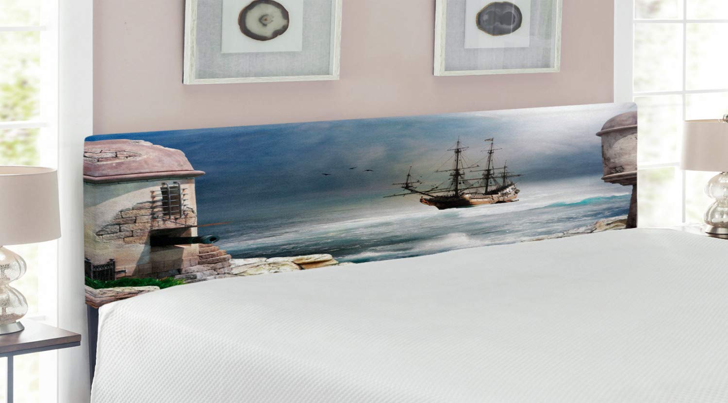 Ambesonne Sailboat Headboard - Pirate Merchant Ship Anchored in Bay of Fort Bandoned Rocky Shore - King Size Upholstered Decorative Metal Bed Headboard with Memory Foam - Pale Mauve Beige - Perfect for Nautical Themed Bedrooms & Coastal Home Decor