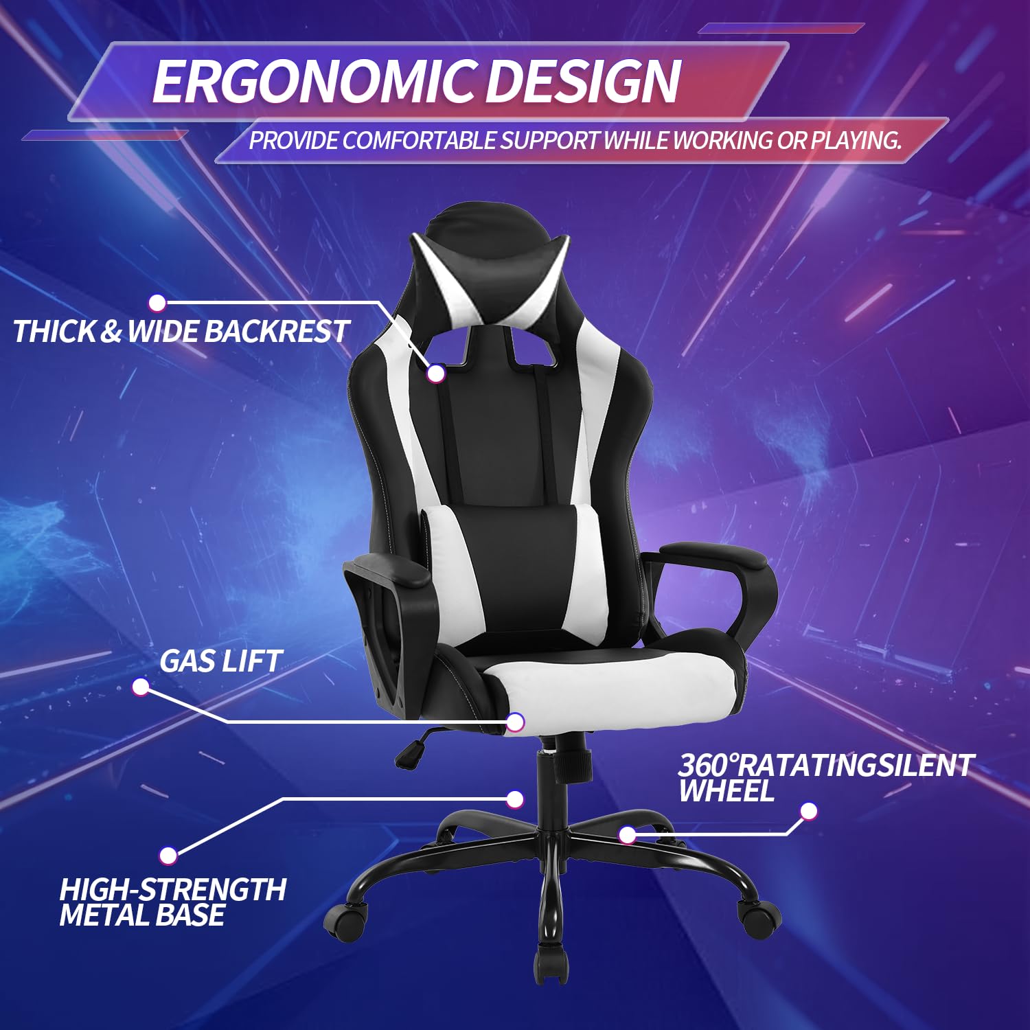 Ergonomic Gaming Chair for Adults & Kids - High Back Office Computer Chair with Adjustable Height, Lumbar Support, Headrest & Reclining Function - Perfect for Gaming, Working & Studying - White