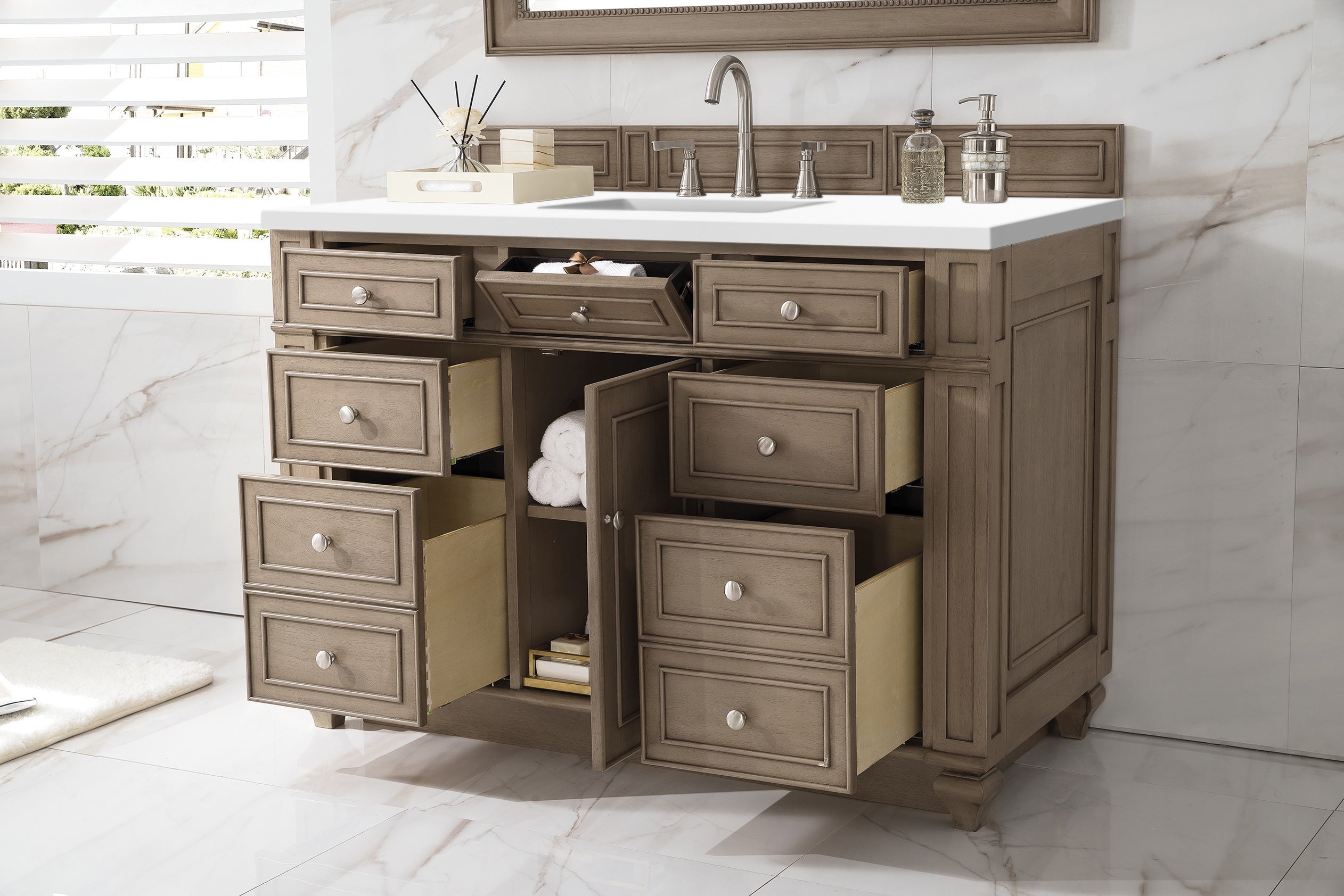 Bristol 48 Inch Single Bathroom Vanity in Whitewashed Walnut with 3CM Classic White Quartz Countertop - Perfect for Modern Farmhouse, Coastal, or Transitional Style Bathrooms