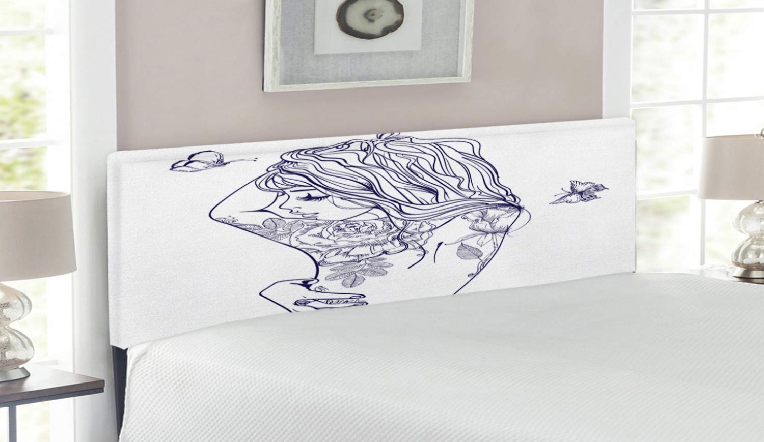 Ambesonne Queen Size Upholstered Headboard with Memory Foam - Floral Butterfly Tattoo Design, Dark Purple & White Decorative Metal Bed Headboard for Modern Bedroom | Perfect for Master Bedroom, Guest Room & Home Decor