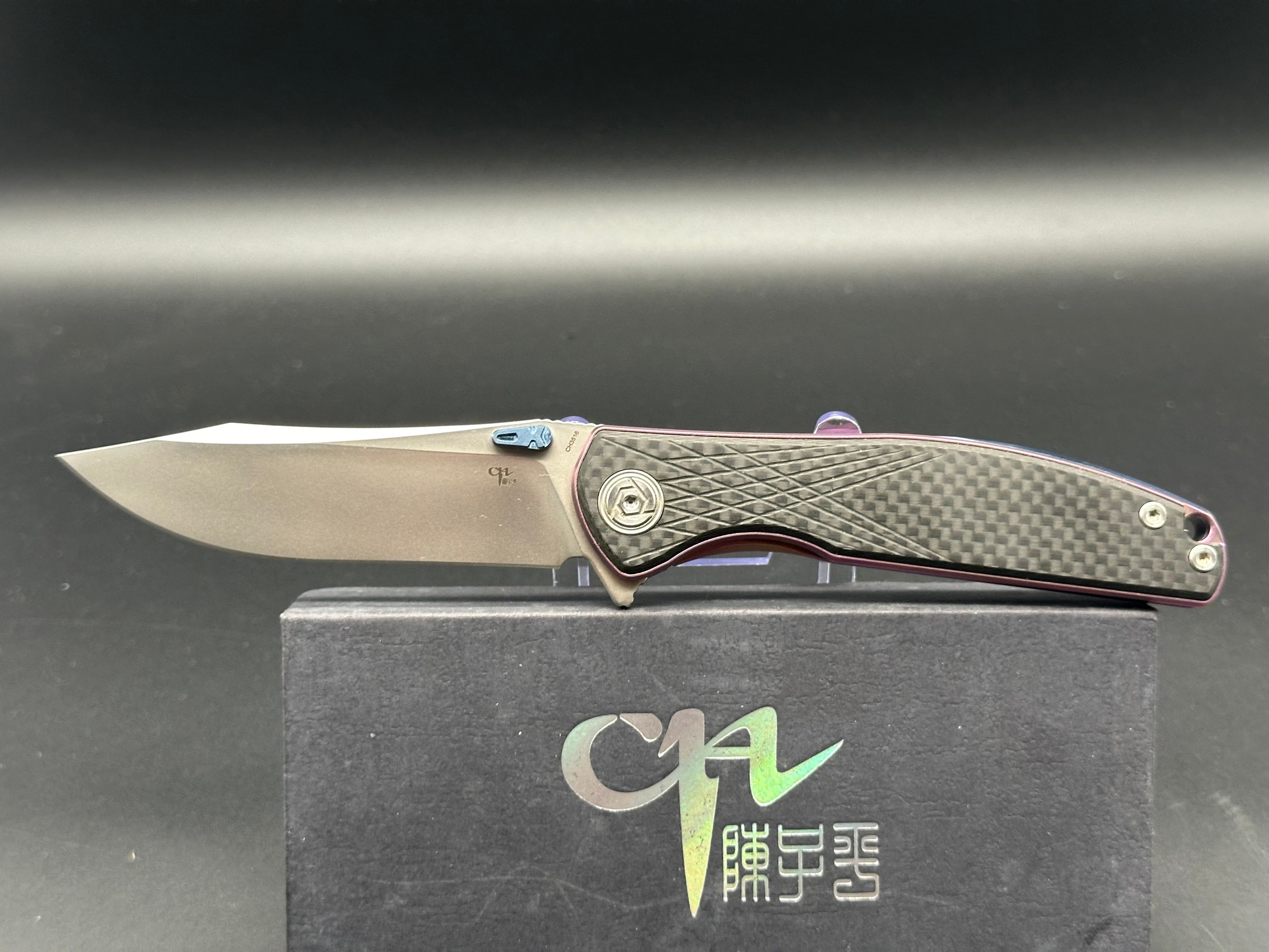 CH Knives CH3516 Folding Pocket Knife - S35VN Steel Blade, Purple Titanium Frame & Carbon Fiber Scales - EDC, Camping, Outdoor Survival Tool