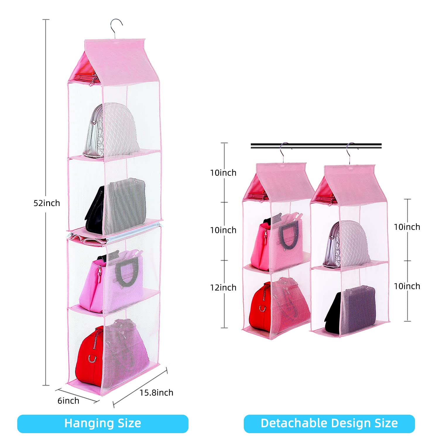 Keepjoy Hanging Handbag Organizer - 4-Tier Heavy Duty Mesh Purse Storage for Closet, Pink | Space-Saving Bag Holder for Women's Accessories, Perfect for Bedroom, Walk-In Closet & Dorm Organization