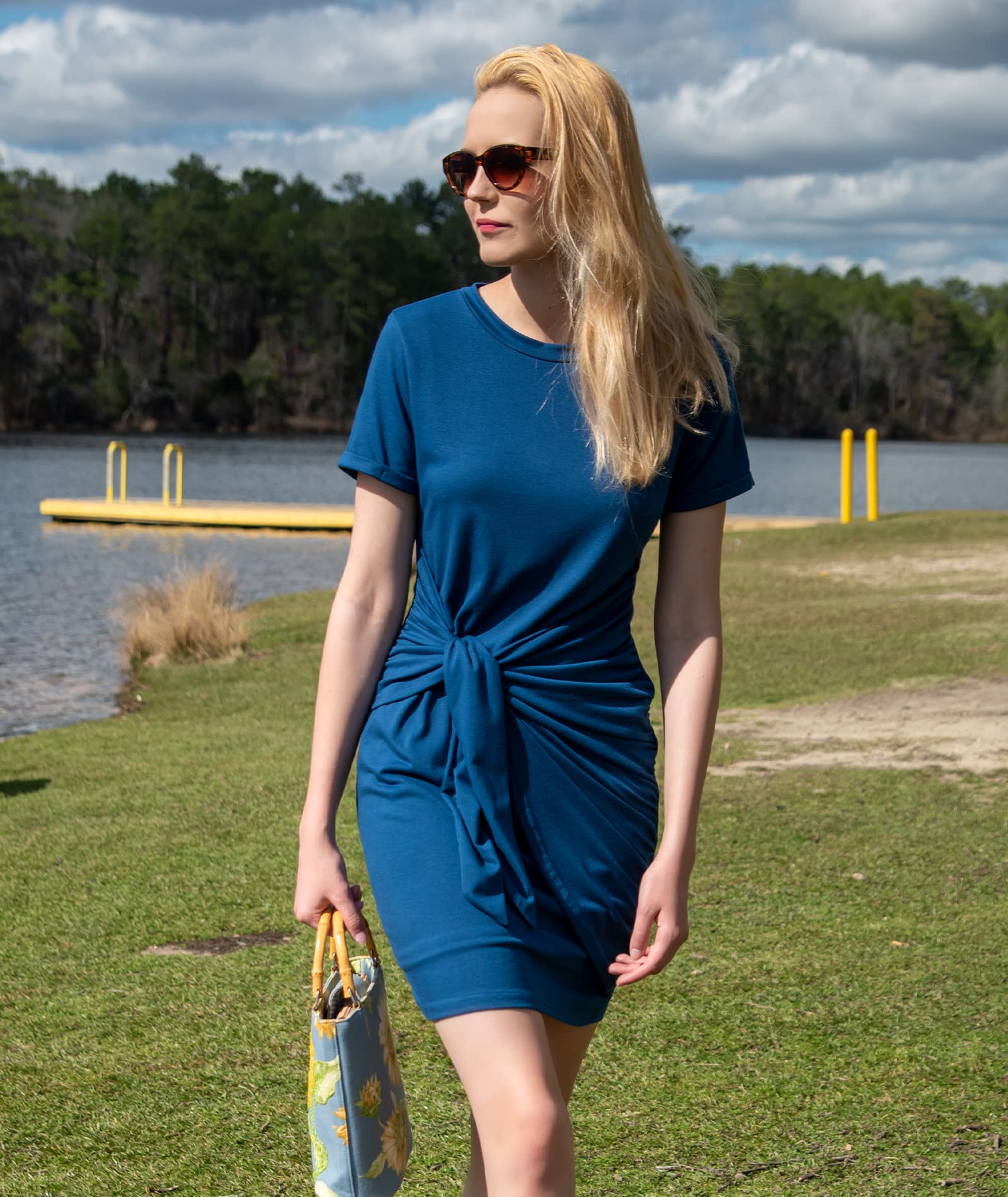 BTFBM Women's 2025 Spring Summer Casual Short Sleeve Ruched Bodycon Tank Dress with Tie Waist - Perfect for Beach, Vacation, and Summer Outings