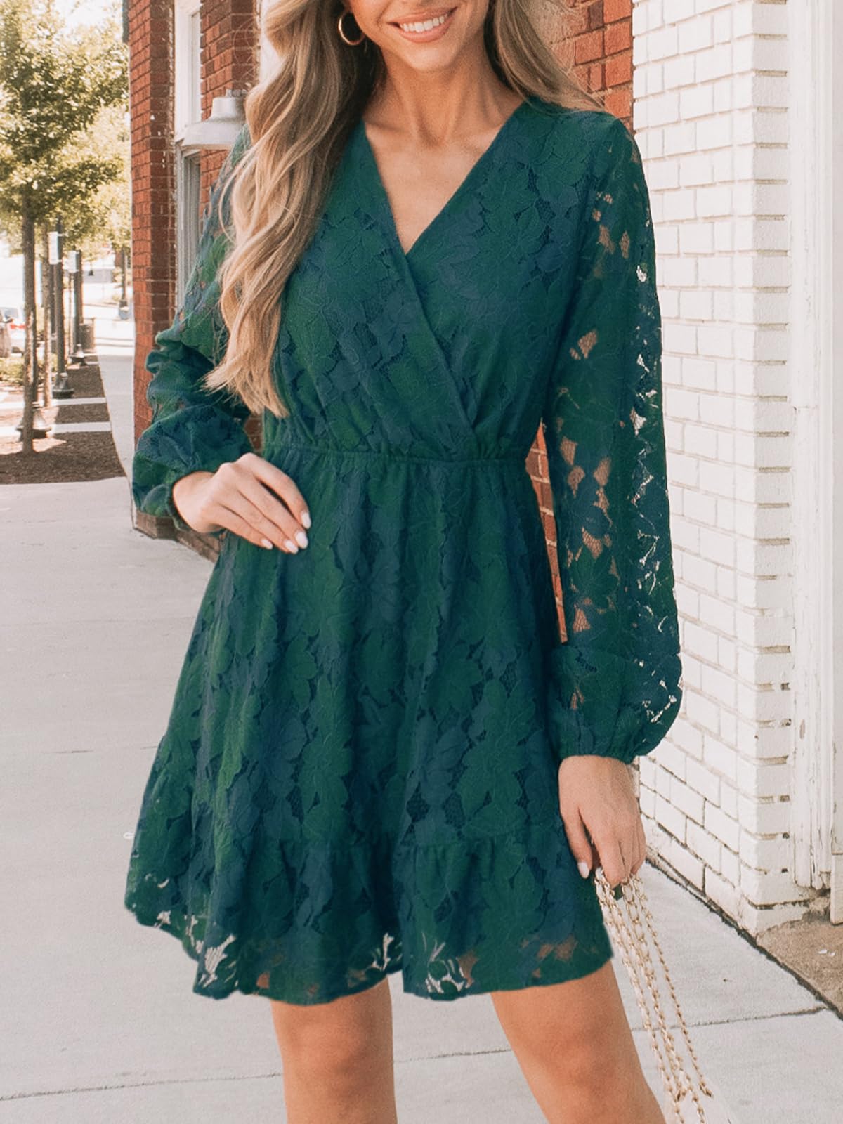 CUPSHE Women's Elegant V-Neck Lace Peasant Sleeve Summer Dress - High Waist A-Line Mini Dress for Wedding Guest, Beach Party & Casual Outings