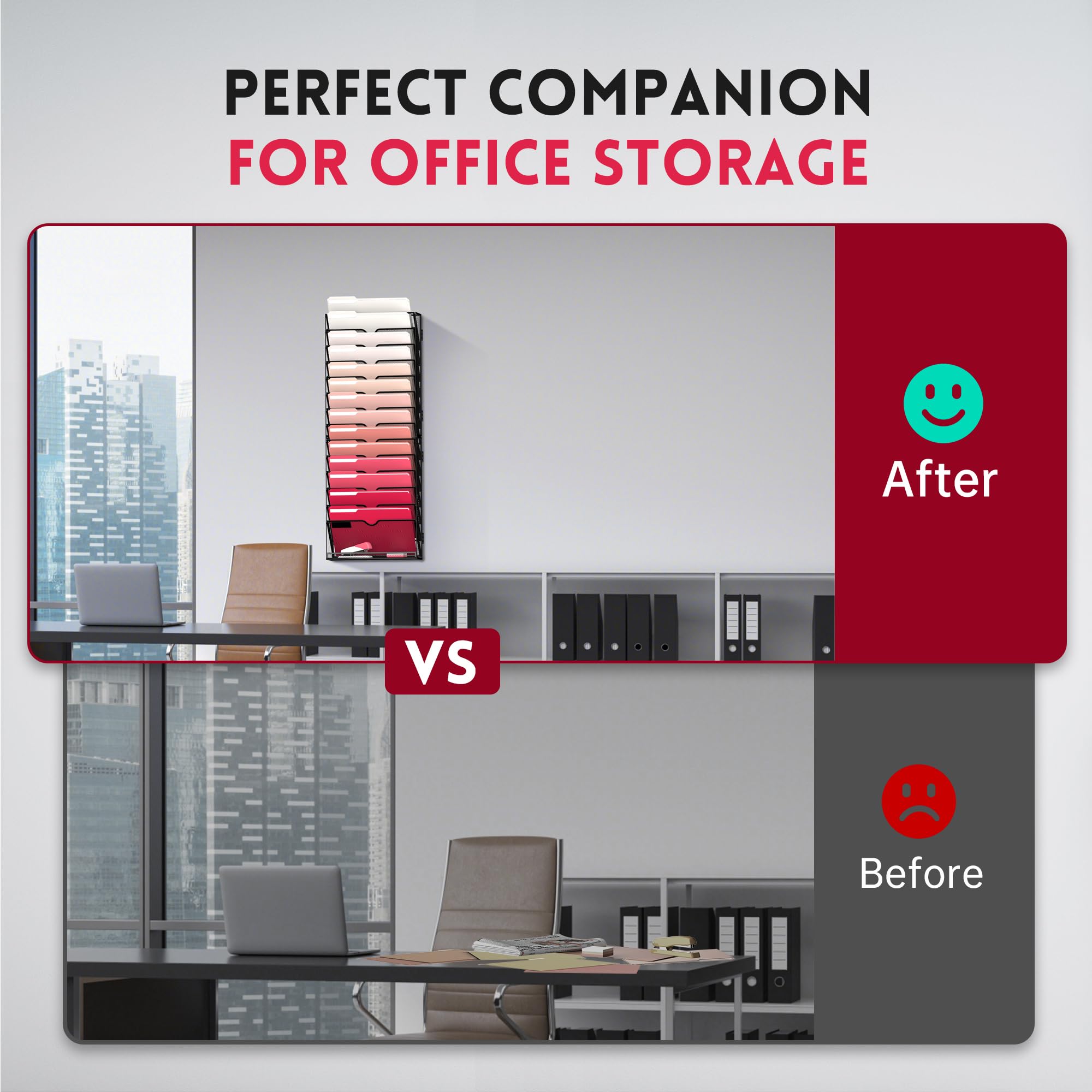SUPEASY 2 Pack Black 15-Tier Wall Mount File Organizer - Hanging Document Holder for Office, Home & Dorm - Perfect for Organizing Papers, Magazines & Office Supplies (Assembly Required)