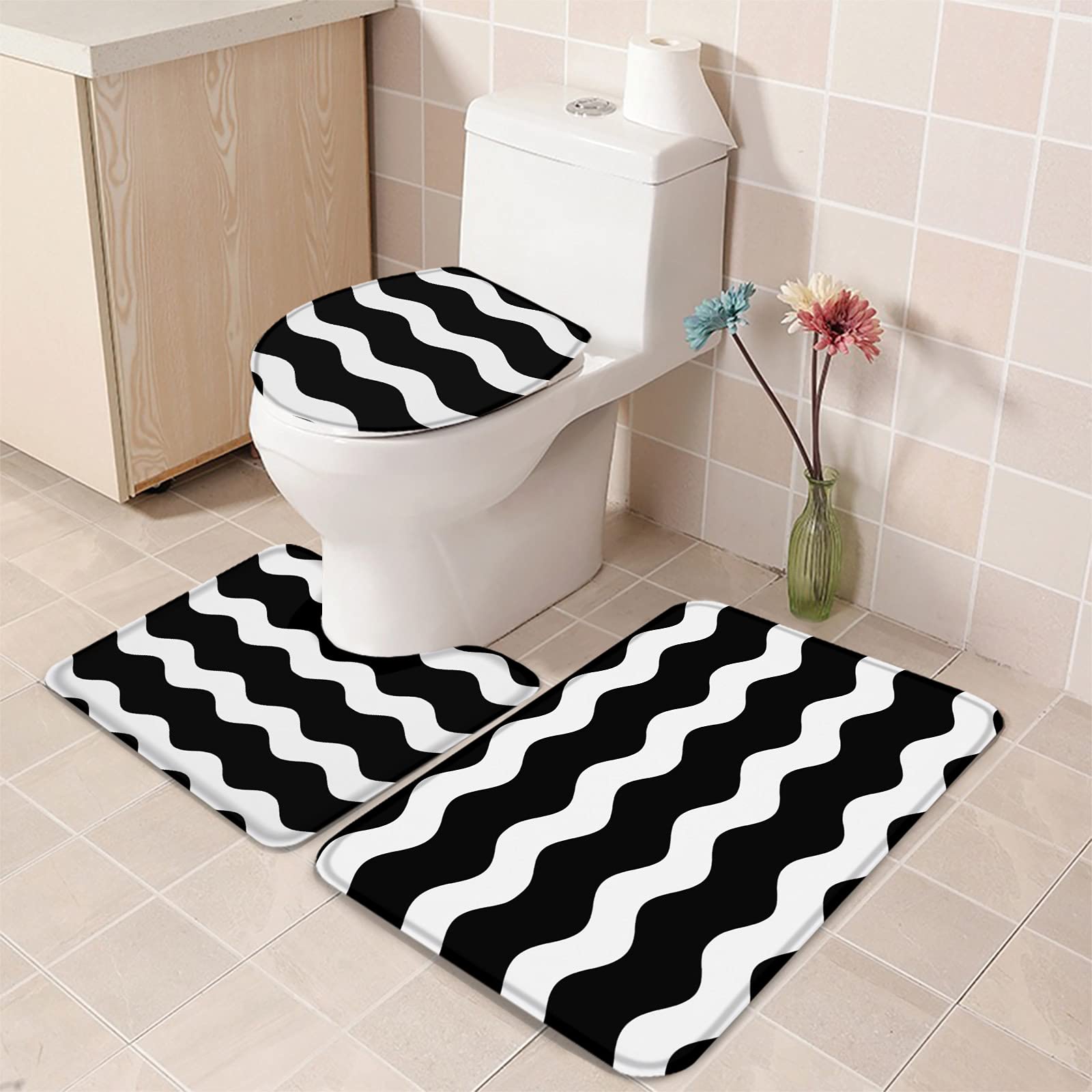 3-Piece Non-Slip Bathroom Rug Set - Absorbent Black & White Wave Design Bath Mat, Contour Mat & Toilet Cover - Soft Shower Mats for Modern Bathrooms - Perfect for Bathroom Safety and Minimalist Decor