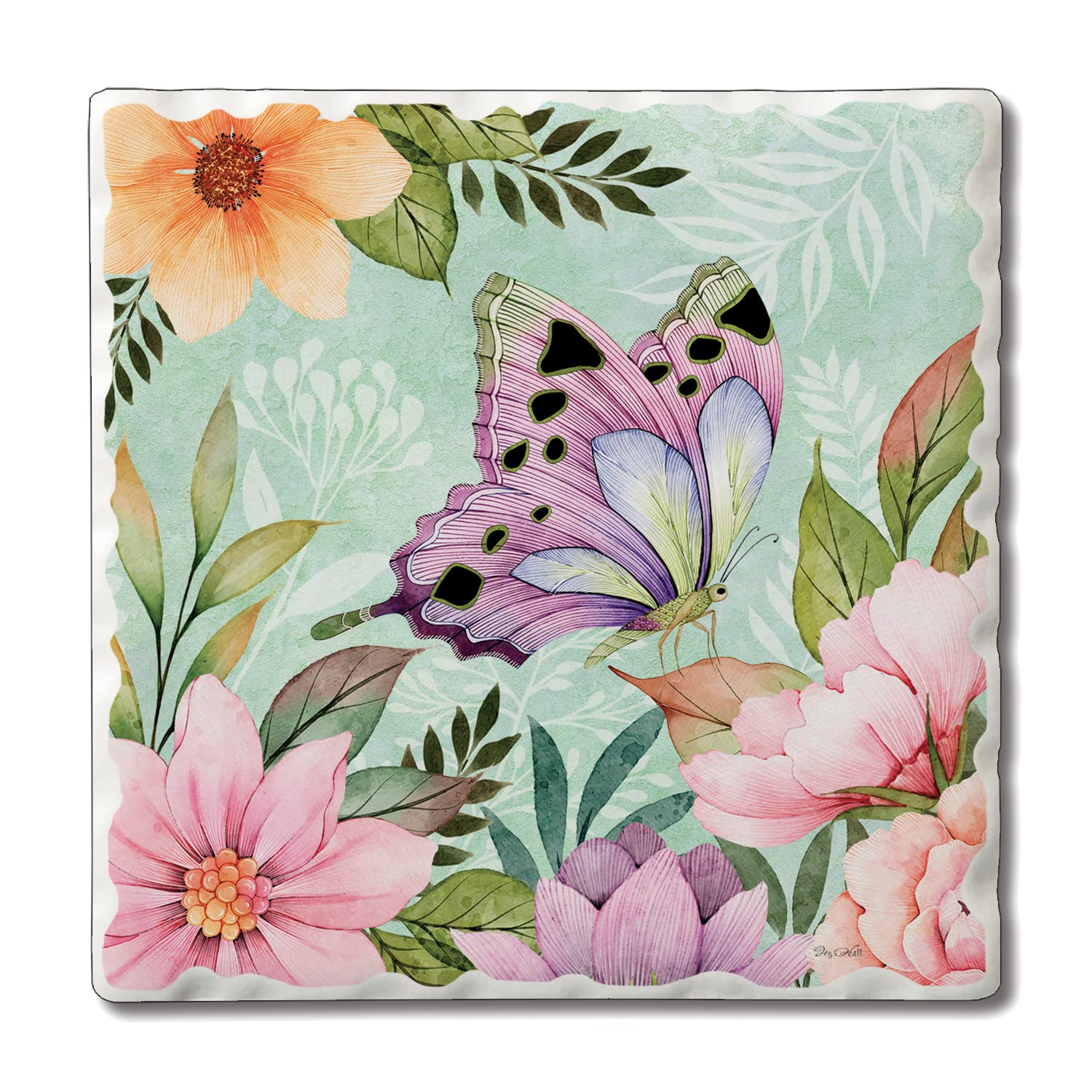 Natural Absorbent Stone Tumbled Tile Coasters - Set of 4, Pink Butterfly Bloom Design for Drinks & Hot Cups | Perfect for Home, Office & Party Decor