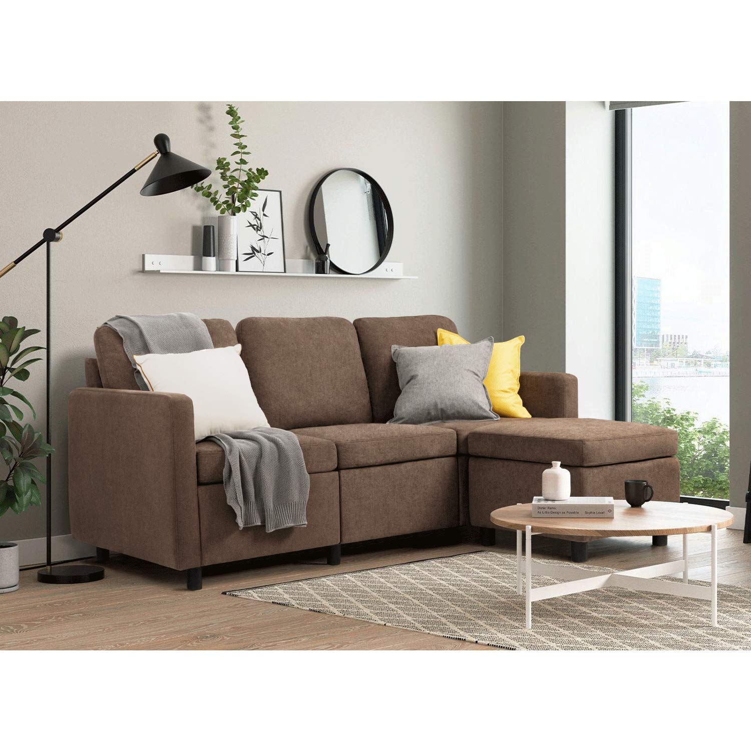 JUMMICO 3-Seat Convertible L-Shaped Sectional Sofa with Chaise - Modern Linen Fabric Couch for Small Living Room Spaces - Brown | Perfect for Apartments, Condos & Home Theater Seating
