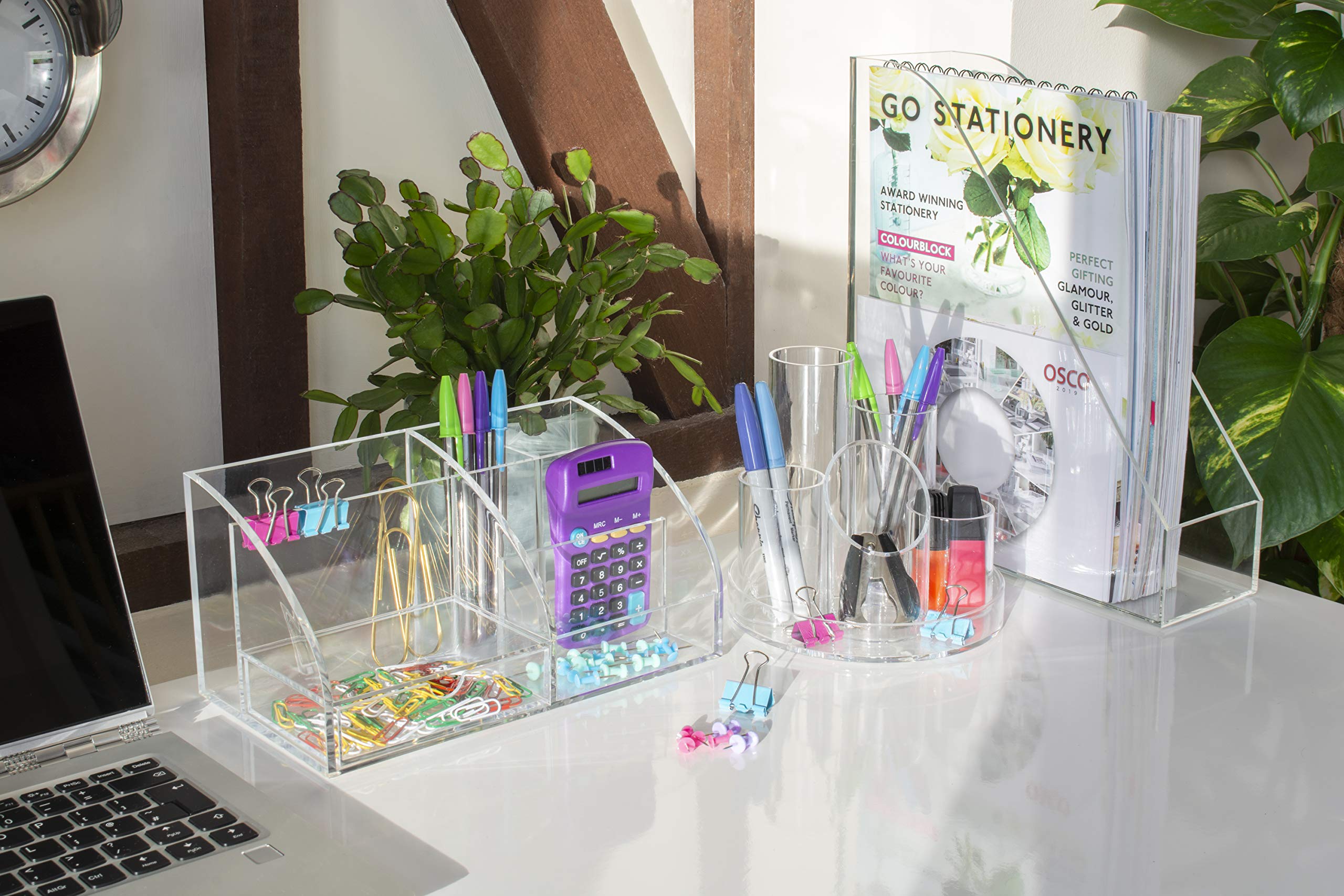 Clear Acrylic Desk Organizer with 7 Compartments & Pull-Out Drawer - Perfect for Office Supplies, Makeup & Cosmetics Storage (12