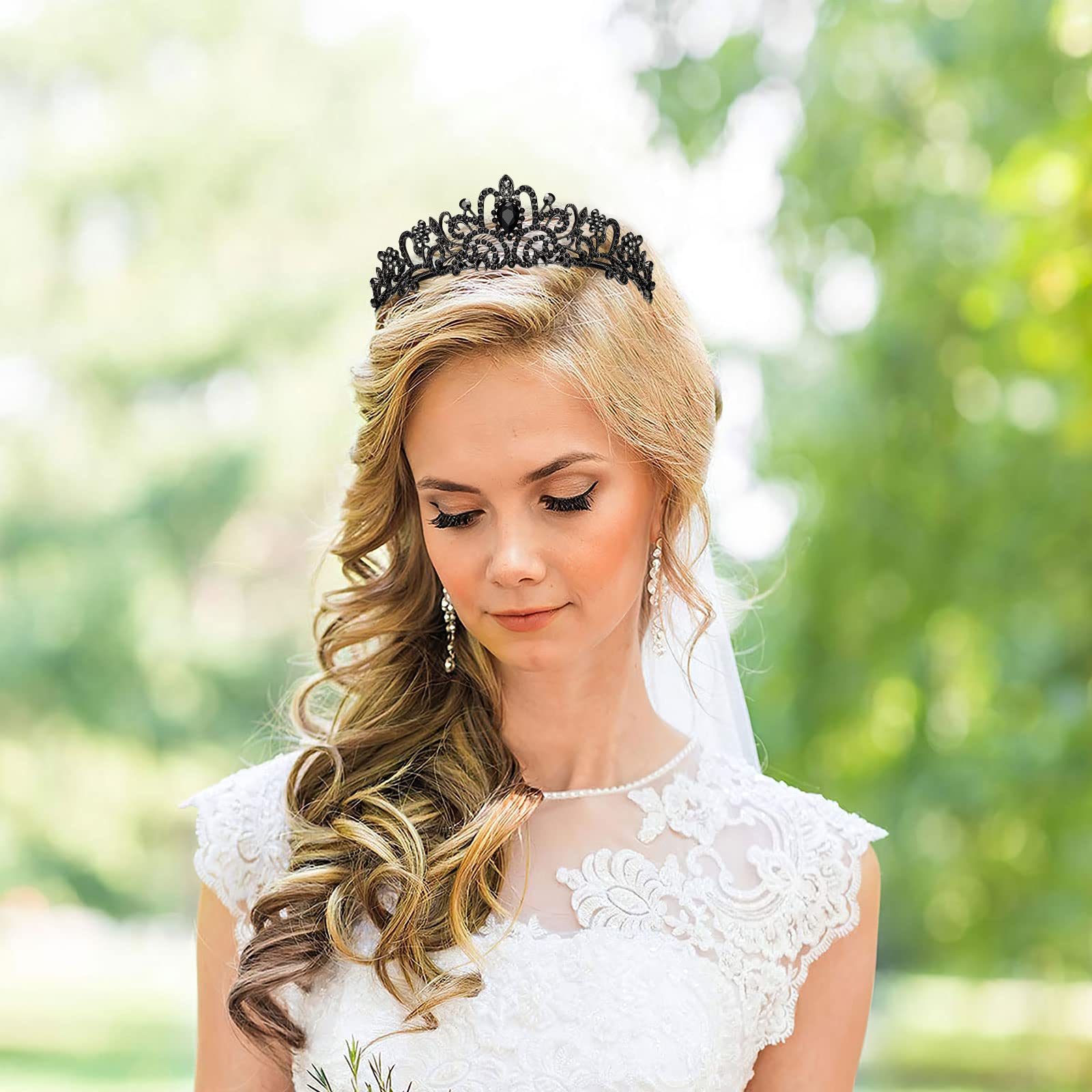 Makone Crystal Black Queen Crown Tiara with Comb Headband for Women & Girls - Elegant Princess Hair Accessories for Wedding, Birthday, Halloween Costume & Cosplay (16 Black) | Perfect for Bridal Parties, Pageants, and Fantasy Dress-Up