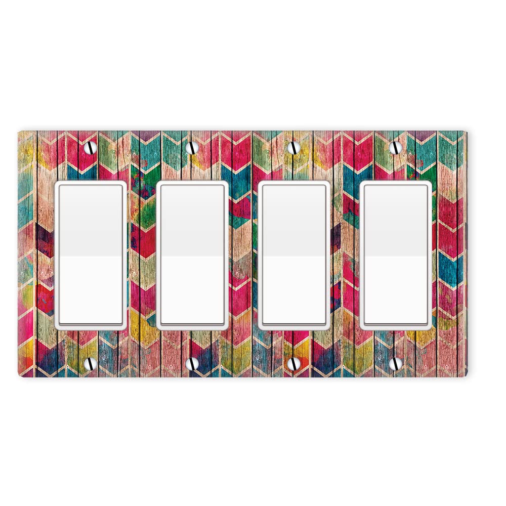 WIRESTER 4-Gang Decorator Switch Plate Cover - Watercolor Chevron Stained Wood Design | Decorative Wall Plate for Home & Office | Perfect for Living Room, Bedroom, Kitchen & Office Decor