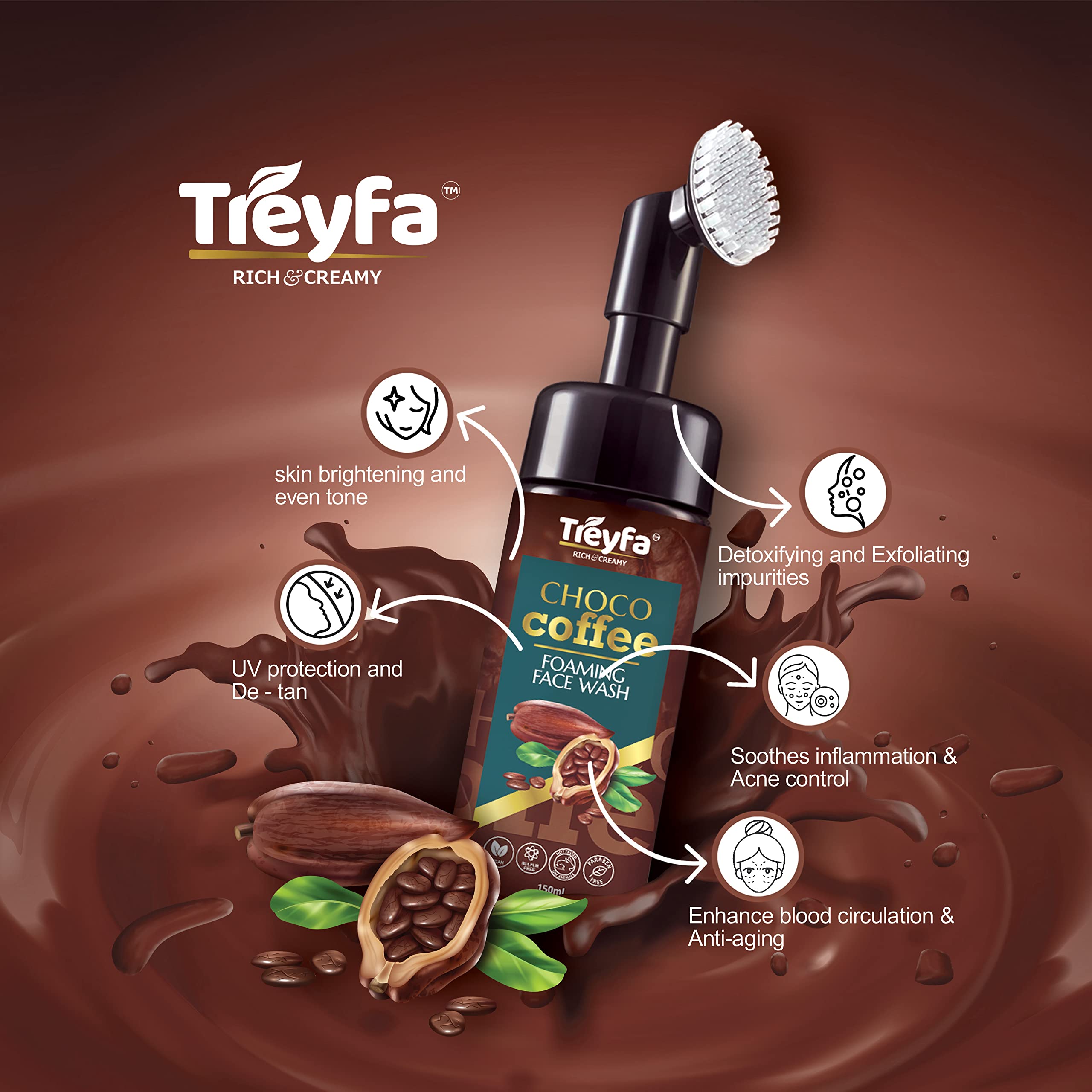 Treyfa Choco Coffee Foaming Face Wash with Vitamin C - Natural Glow & Hydrating Cleanser for Men & Women | Acne Treatment & Beard Wash | Paraben, Sulfate & Silicone Free (150ml) | Perfect for Morning Skincare Routine & Post-Shave Care
