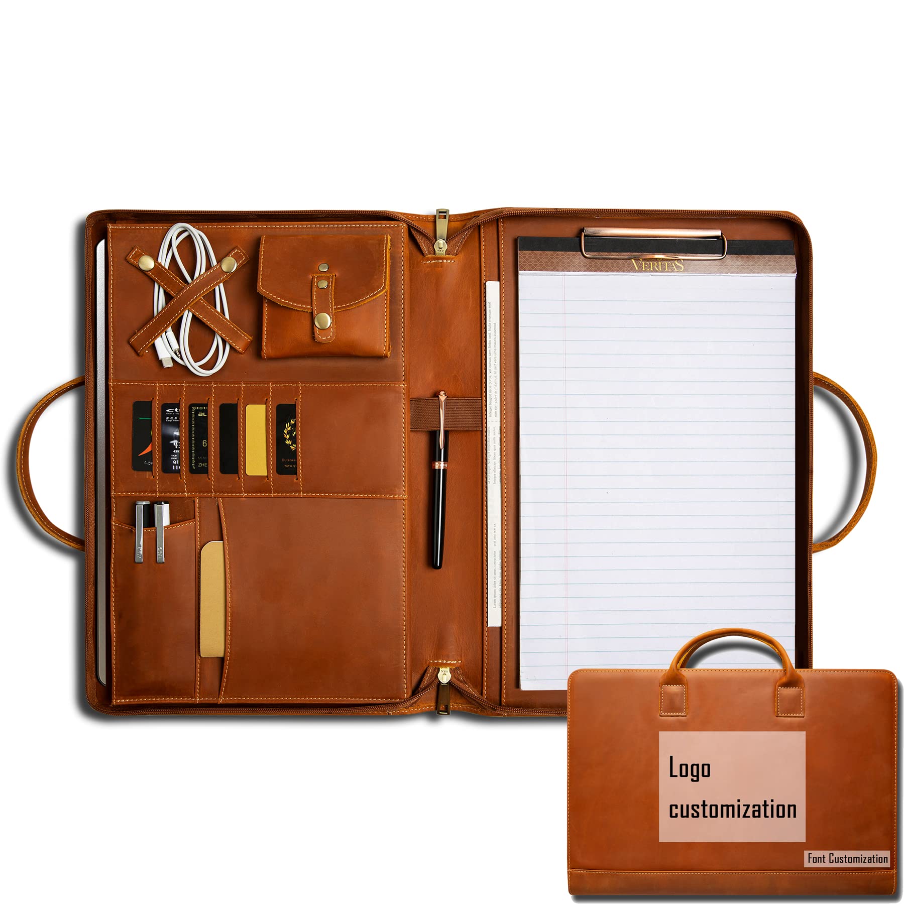 Premium Genuine Leather Portfolio Organizer with Handle & Zipper - Personalized Padfolio for Men & Women - Fits 15-inch Laptop & Legal Pad (Brown) - Ideal for Business Meetings, Office Work & Professional Presentations