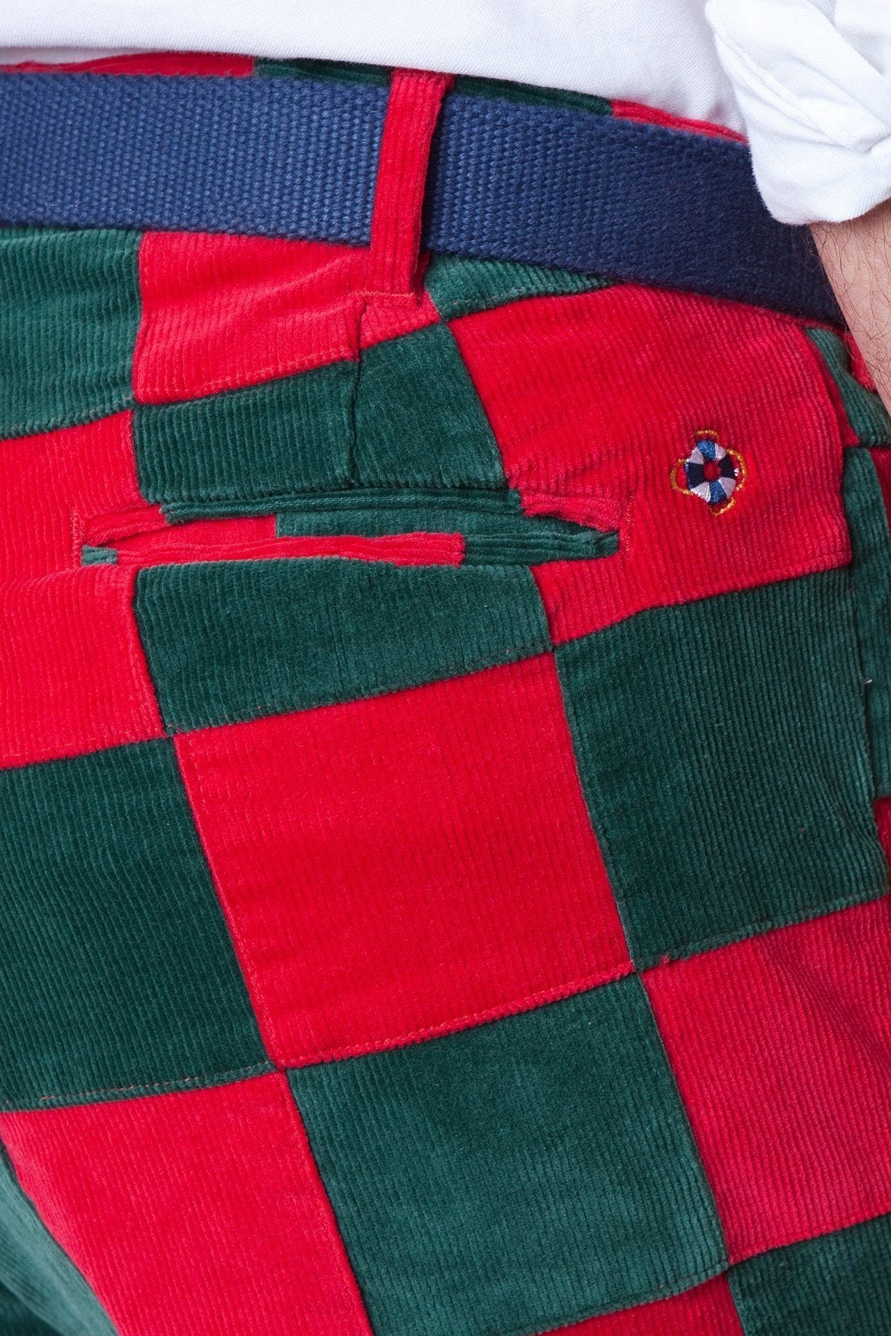 Beachcomber Corduroy Pants for Men - Hunter Green & Crimson Patchwork Design - Perfect for Casual Outings, Fall Fashion, and Outdoor Adventures