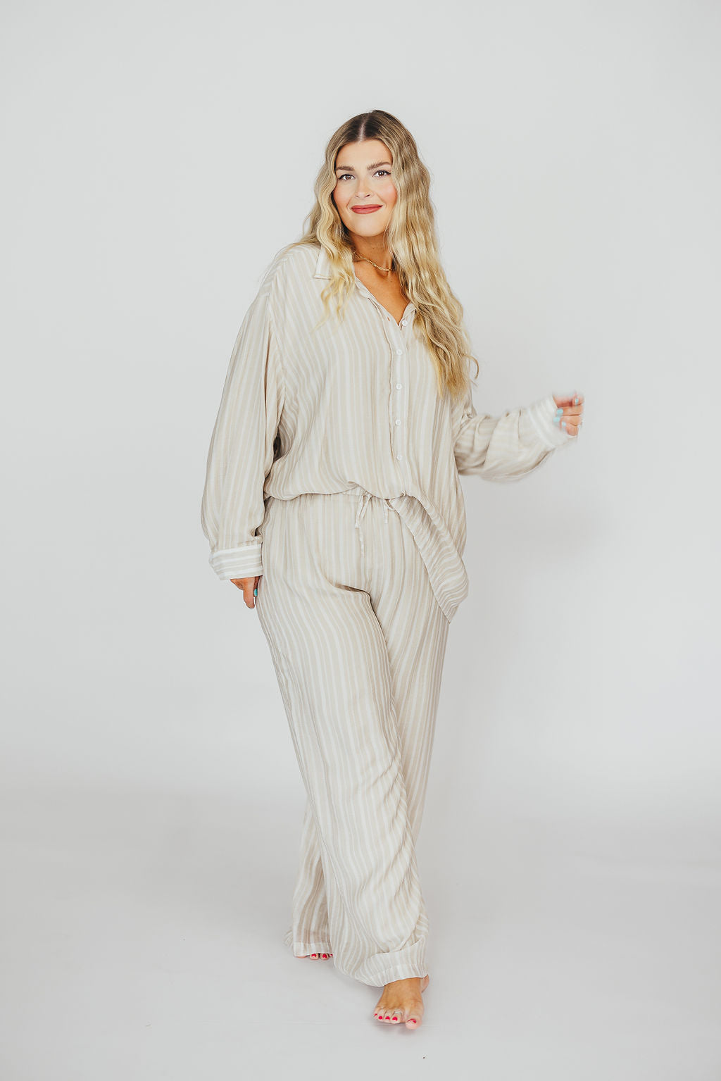 Sloane Striped Nursing-Friendly Button Down Shirt & Pants Set in Natural - Comfortable Maternity Outfit for Breastfeeding Moms