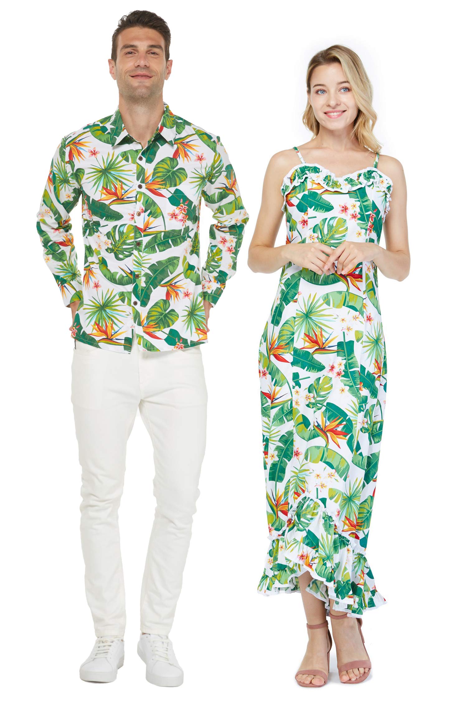 Hawaiian Couple Matching Luau Long Sleeve Shirt & Muumuu Dress - Tropical Bird of Paradise Print White - Perfect for Beach Parties, Hawaiian Theme Weddings & Vacation Outfits